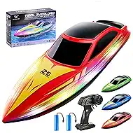 Tidjani RC Boat for Kids, Remote Control Boat with 7-Mode LED, Self-FILP, Low Battery & Out-of-Range Warning, 15 KPH RC Speed Boat for Pool & Lake & Saltwater, Summer Toys for Boys, Girls