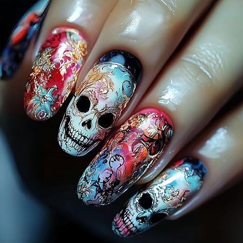Miniatura 135 de Uñas postizas a presión de Halloween, cuadradas, medianas, francesas, color negro, degradado, cobertura completa, calavera, corazón rosa, con Uñas