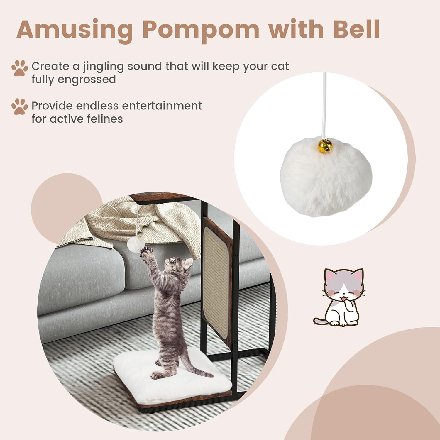 PETSITE Cat Tree and End Table, C-Shaped Small Cat Side Table with Scratching Pad, Removable Washable Cushion, and Jingling Hanging Ball, Modern Cat Furniture for Living Room Bedroom