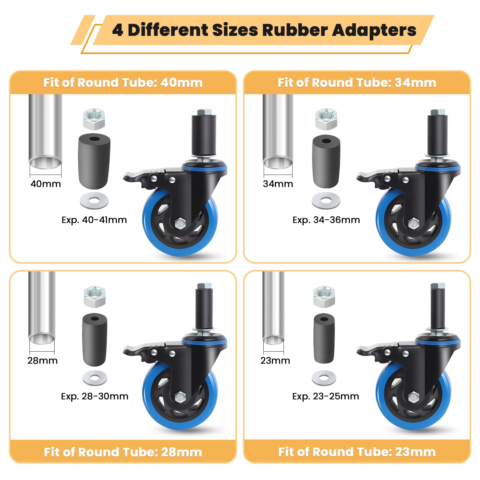Ruote per mobili 100mm con vástago espandibile e freno adatte a tubi Ø23/28/34/40mm, capacità 500 kg ruote per carrello e tavoli inox, girevoli, blu, set da 4