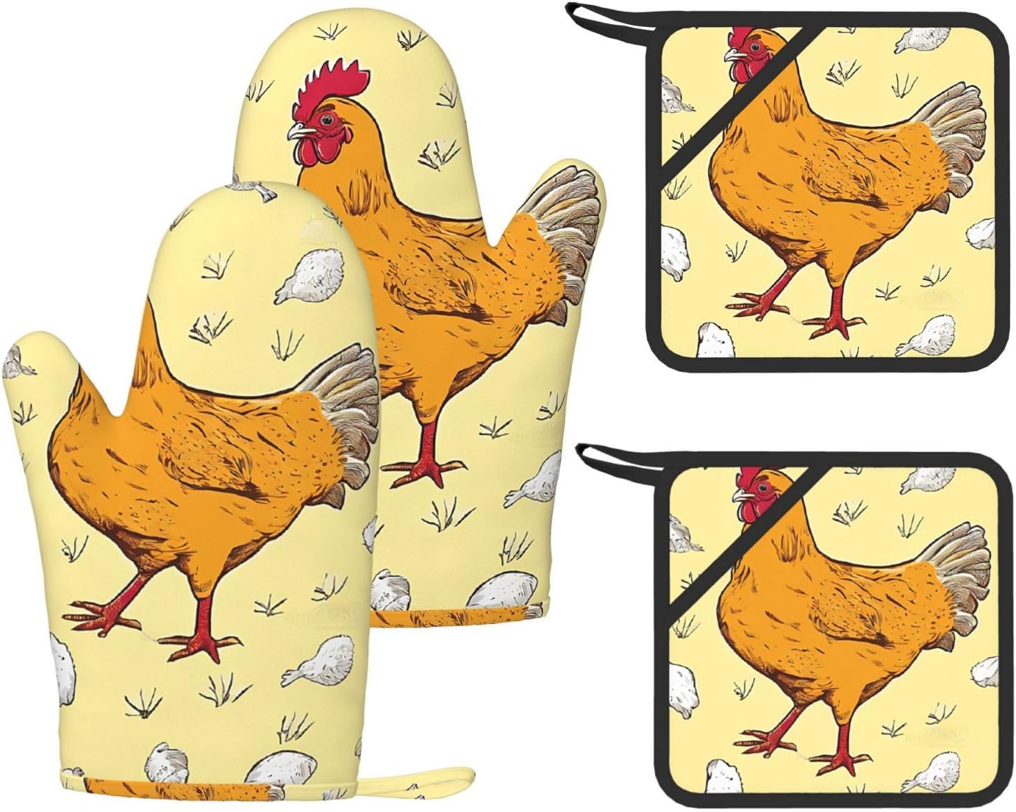 Chicken Chick 4pcs Oven Mitts and Pot Holders Sets for Kitchen, Silicone Oven Gloves Non-Slip Potholders Hot Pads for Baking Cooking
