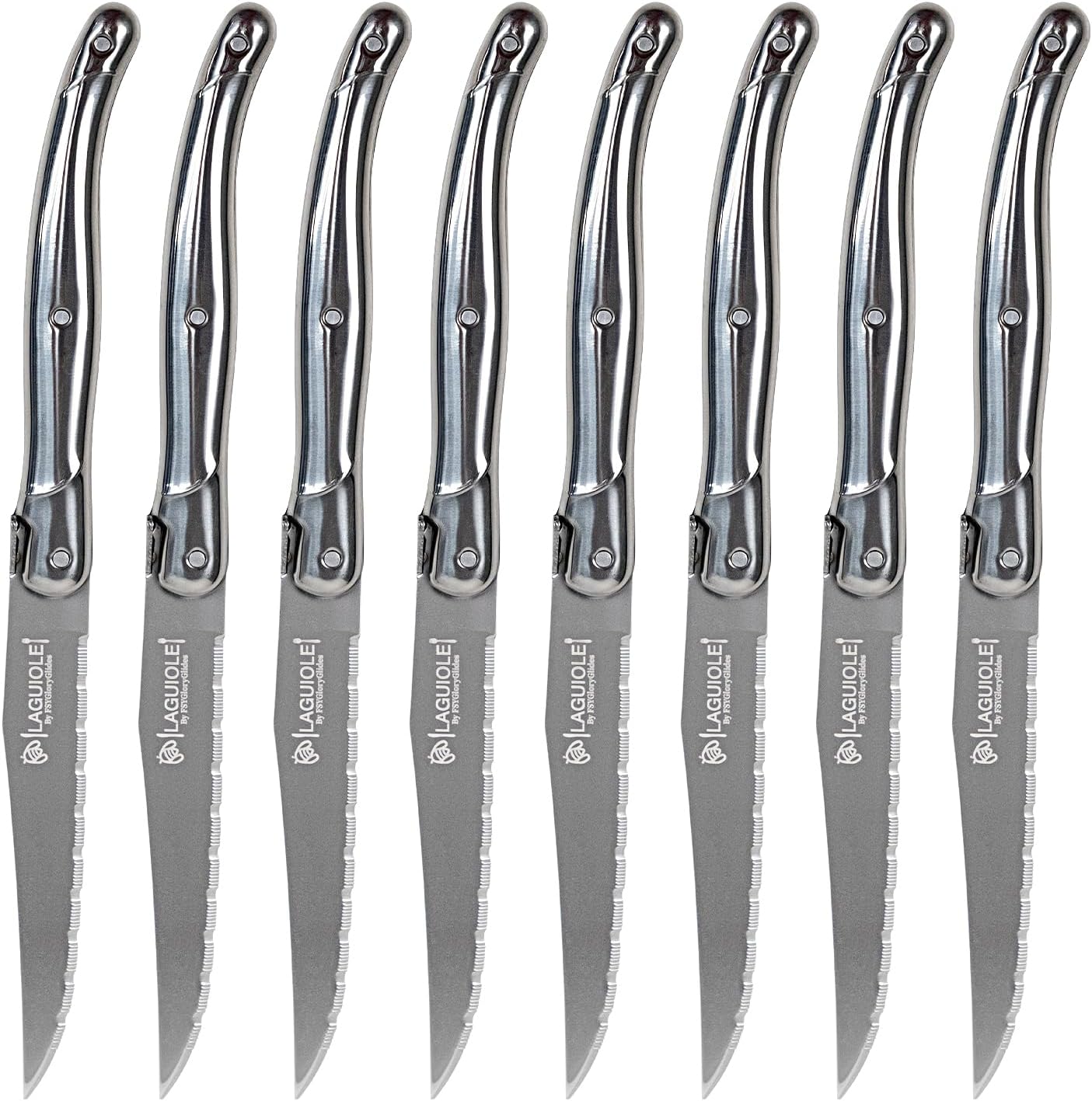 Laguiole Style Steak Knives Set of 6, Serrated Stainless Steel Steak Knife Set, Elegant French Design, Dishwasher Safe, Gift Box for Dinner & BBQ (wood-6)