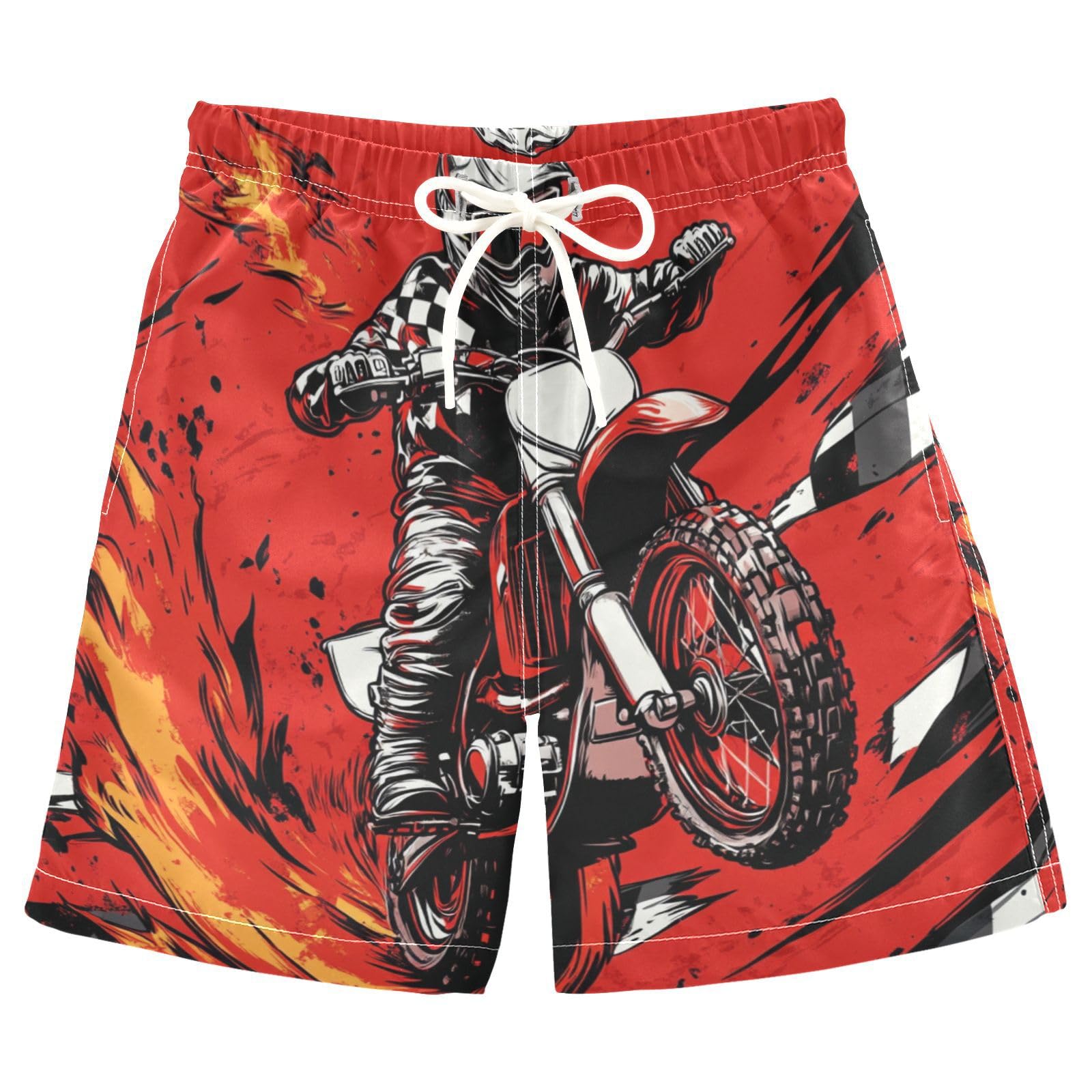 Jucciaco Boys Beach Board Shorts Fire Motocross Red Swim Trunk Teen Swimwear