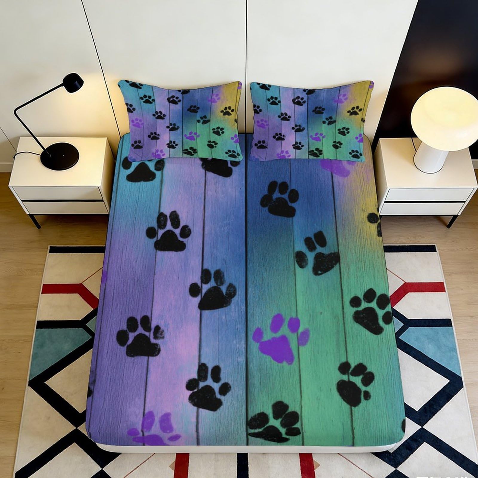 3D Printed Cat Theme Fitted Sheet Microfiber Non-Slip Deep Pocket Pet Decor Mattress Fitted Cover for Bedroom Adult 180x200x25cm