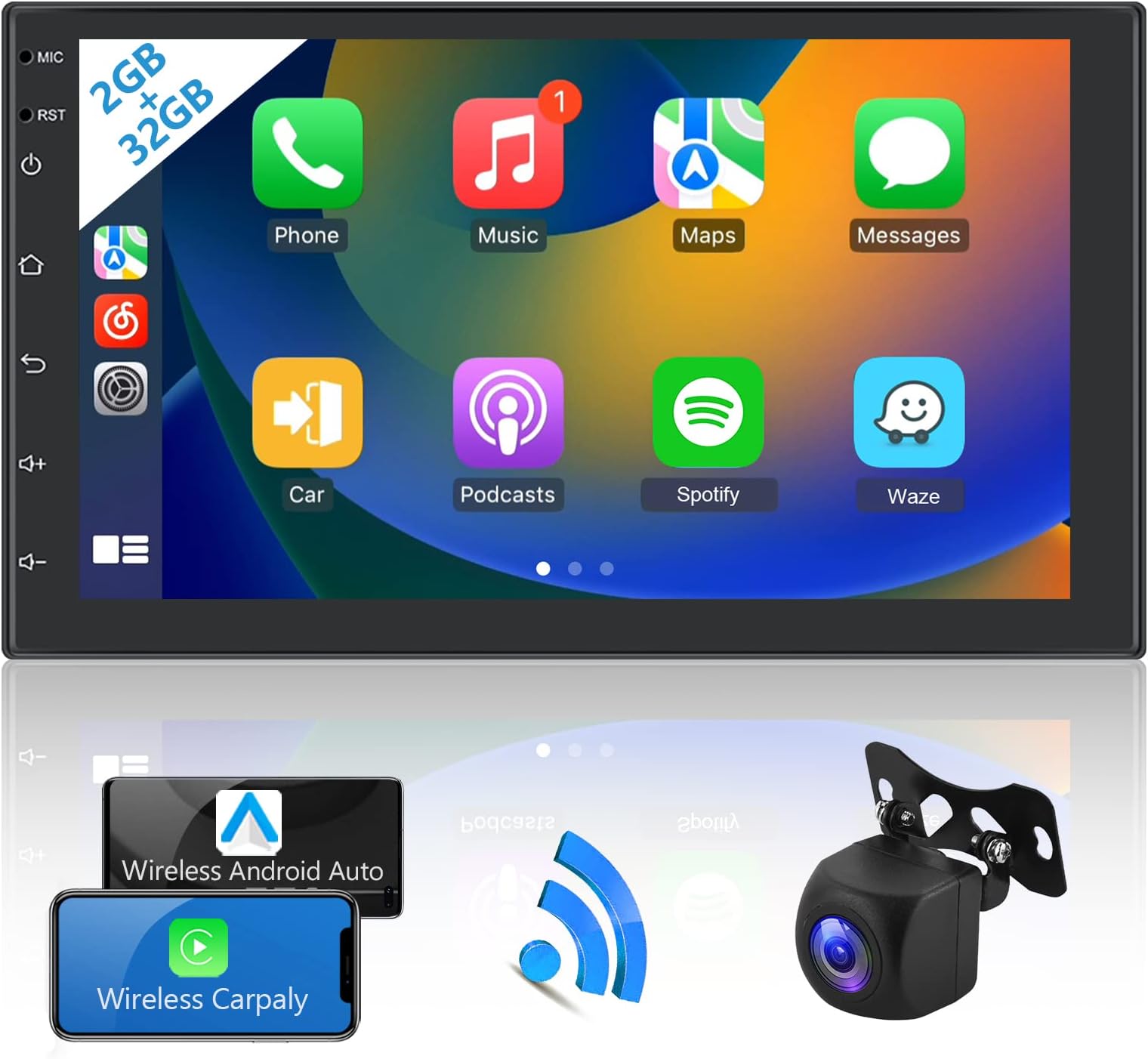 2G 32G Android Car Stereo Double Din with Carplay Android Auto, Radio GPS Hodozzy 7 Inch Touch Screen Car Radio with Bluetooth Mirror Link WiFi Navigation FM RDS Hifi EQ SWC Rear Camera 2 Din