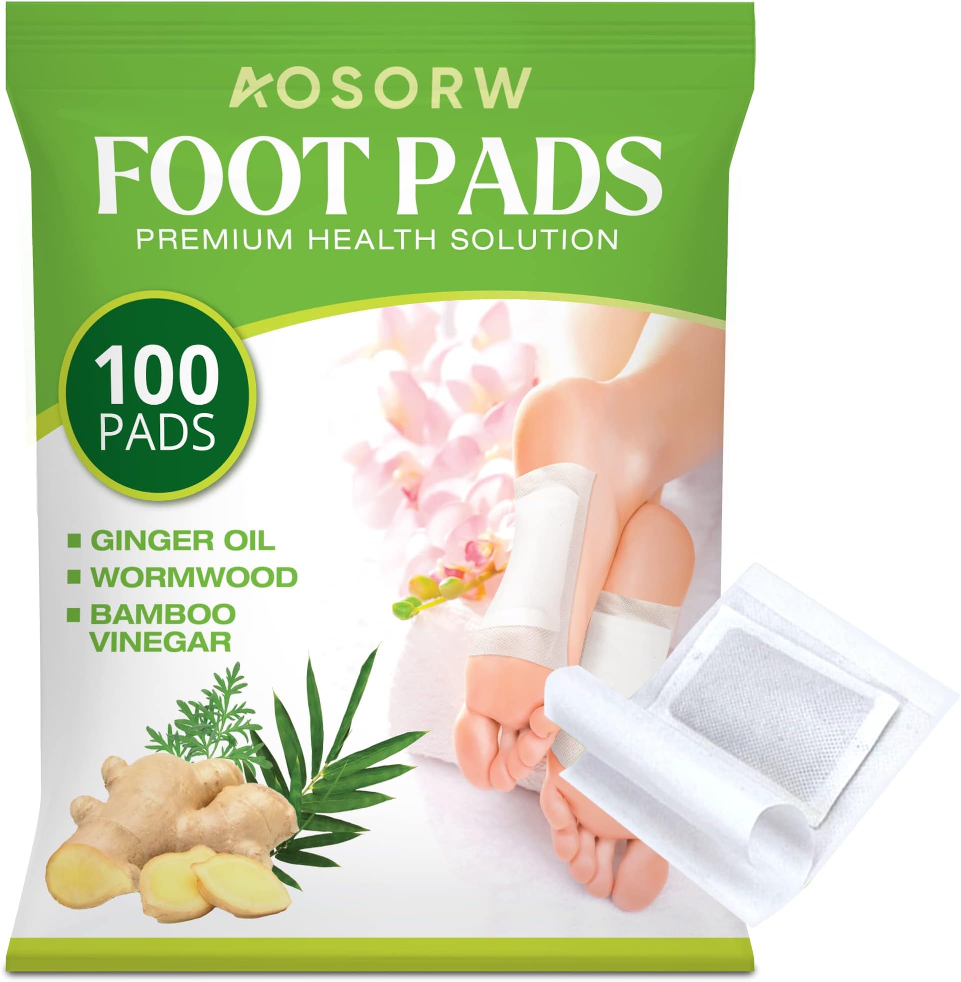 AOSORW 100 Pack Foot Pads, Ginger Oil Bamboo Charcoal Foot Pads, Foot Care Patch, Effective Feet Health Patches, Better Sleep Quality and Foot Pain Relief