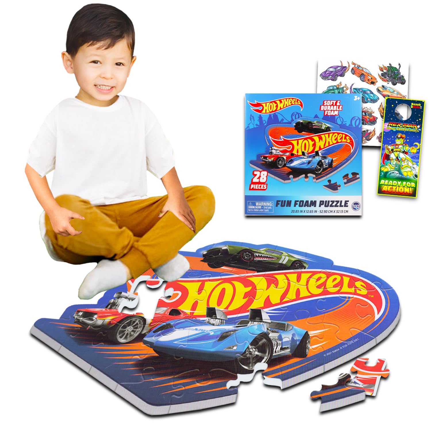 Hot Wheels Floor Puzzle for Kids - Bundle with 28 Pc Hot Wheels Floor Puzzle Play Mat Plus Temporary Tattoos, More | Hot Wheels Foam Puzzle Mat for Boys