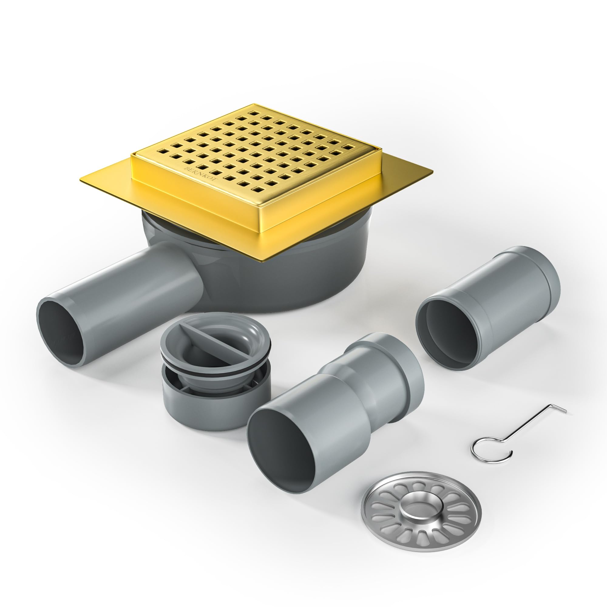Bernkot Square Shower Drain, 10 x 10 cm, 360° Siphon with Odour Stop and Hair Sieve, 2-in-1, Tile, Stainless Steel, Drain Drain, Floor Drain, Shower