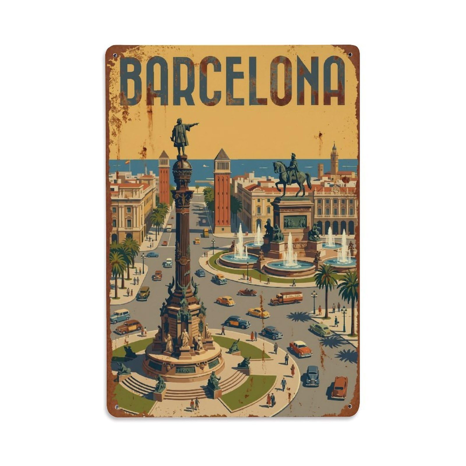 Okngb Style Statues Classic Seaside Barcelona Catalonia Travel Metal Tin Sign Plaque Wall Decor For Cafe, Man Cave, Club Bar, Office, Home Garden Round Metal Poster 8X12inch