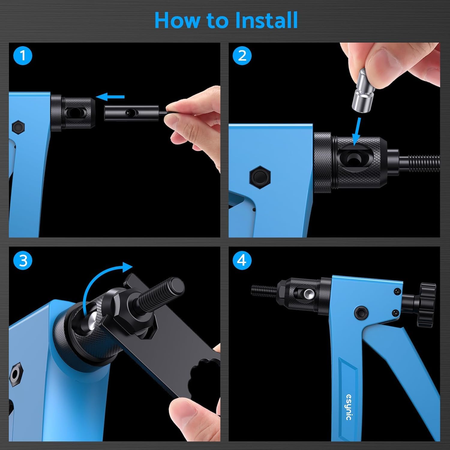 eSynic 10'' Pince Écrou à Riveter avec 100 Écrous à Rivets M3 M4 M5 M6 Pistolet à Riveter Manuel Pince a Insert Fileté avec Étui de Transport Robust-Bleu
