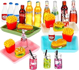 28 Pieces Dollhouse Fast Food Set Mini Food Drink Miniature Food Toys Mixed Dollhouse Miniature Food Resin Hamburger Fries Milk Juice Pretend Play Tiny Food Toys for Mini Dollhouse Accessories