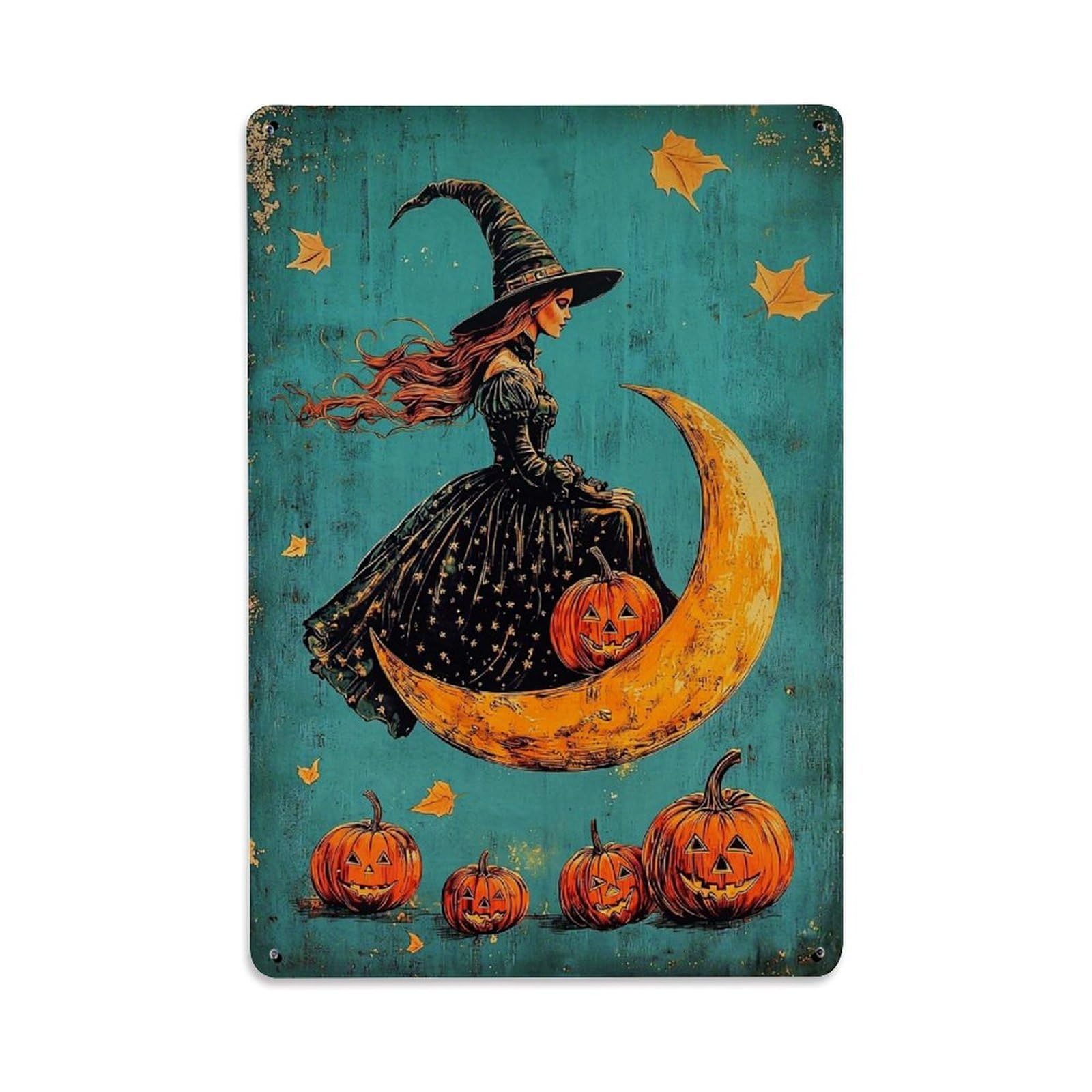 Witch Moon Pumpkin Stars Autumn Tin Sign Metal Poster Vintage Metal Signs for Home Man Cave Bar Cafe Kitchen laundry room Wall Decorations Gift 8x12Inch