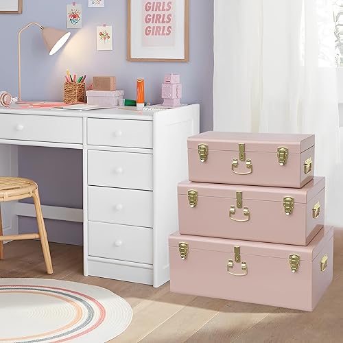 Miniatura 118 de Vixdonos Juego de 2 baúles decorativos de almacenamiento de caja de metal con asa (blanco con cierres de bronce) Blanco con cierres de bronce,Beige