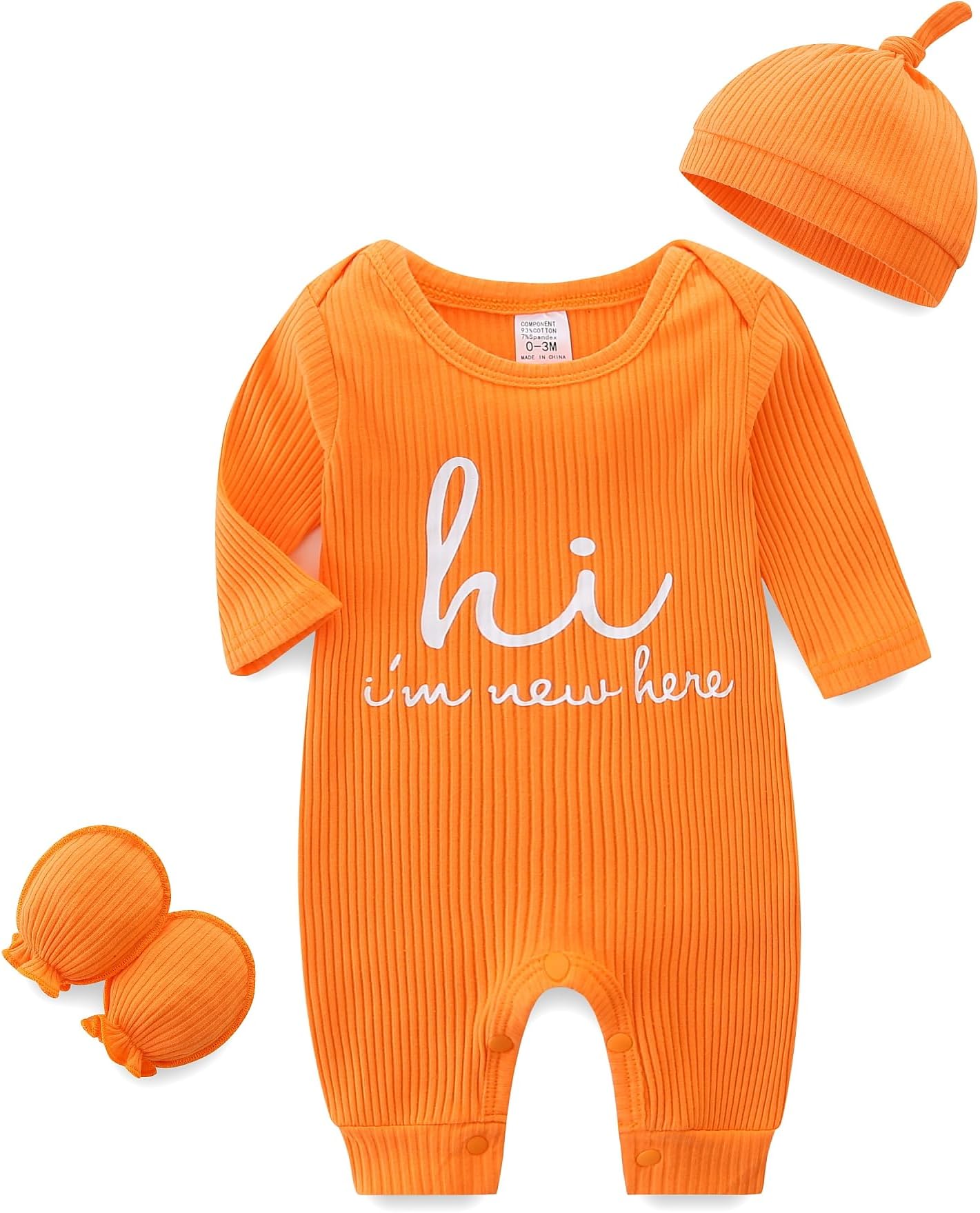 BabymineUnisex Newborn Baby Onesie Ribbed Romper Infant Long Sleeve Jumpsuit Hat and Gloves