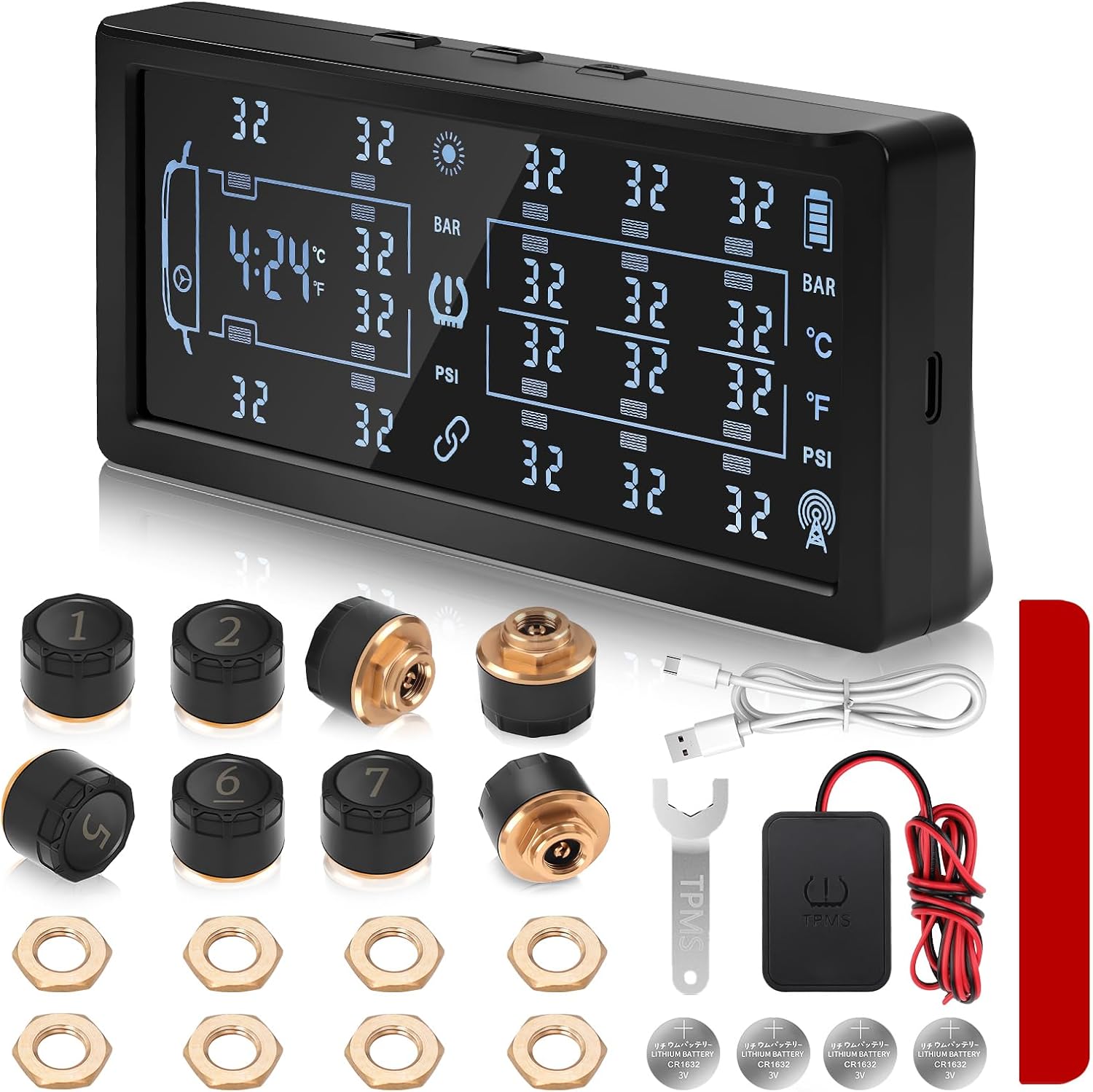 Solar TPMS 7 Inch Color Screen, 6 Alerts, 8 Sensors for RV Trailer