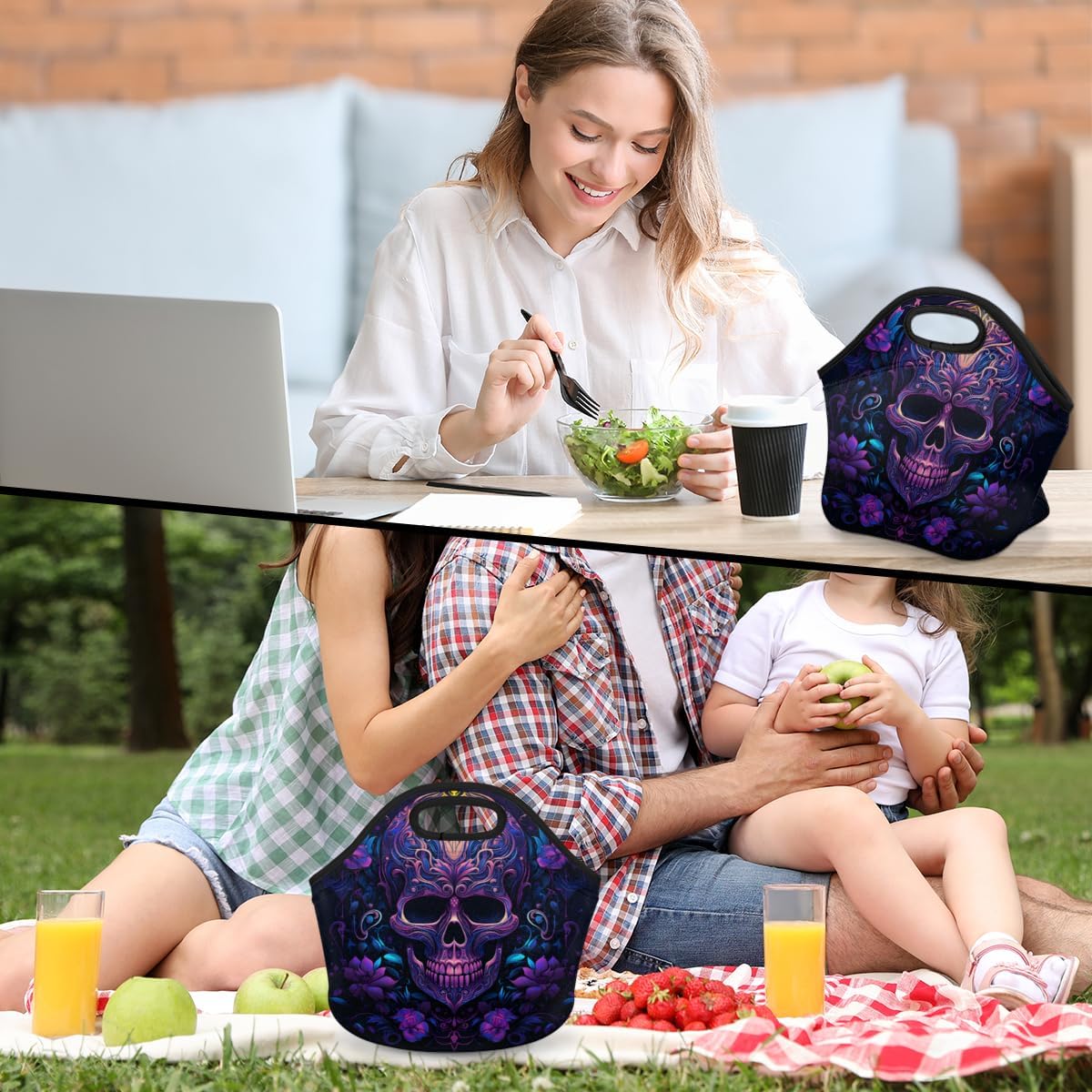 Neoprene Lunch Bags for Women Men, Reusable Washable Neoprene Picnic Bag Lightweight Lunch Box Travel Work Office, Funny Skull