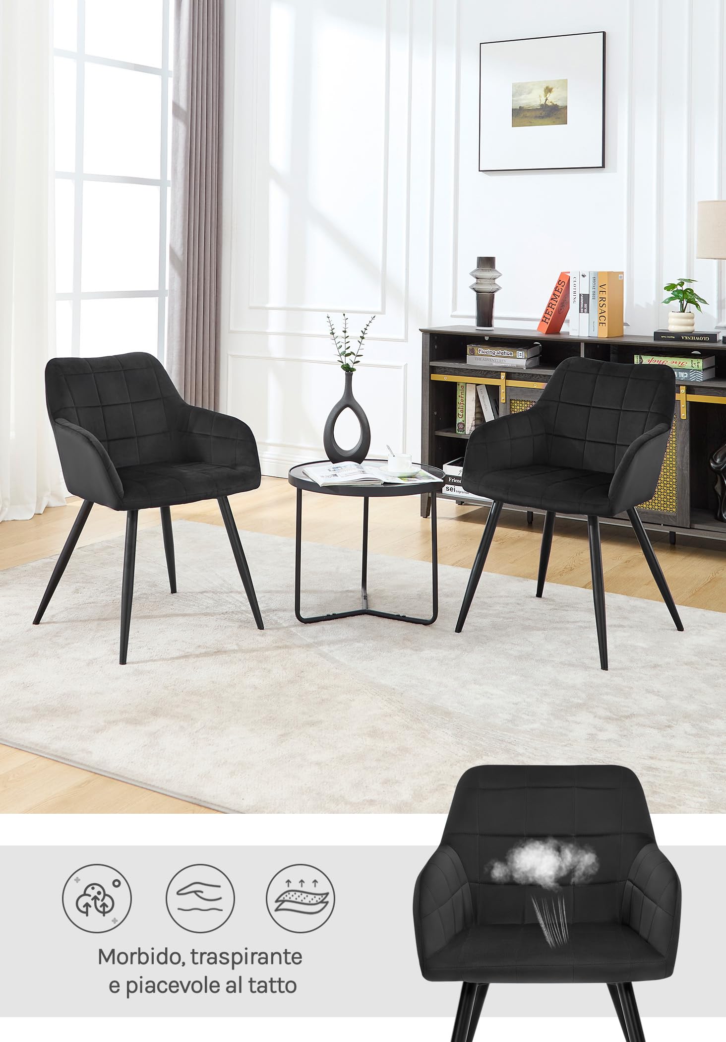 WOLTU Sedia per Sala da Pranzo Imbottita, Poltroncina in Velluto,Sedia da Cucina con Braccioli e Schienale, Gambe in Metallo, moderne,Nero,