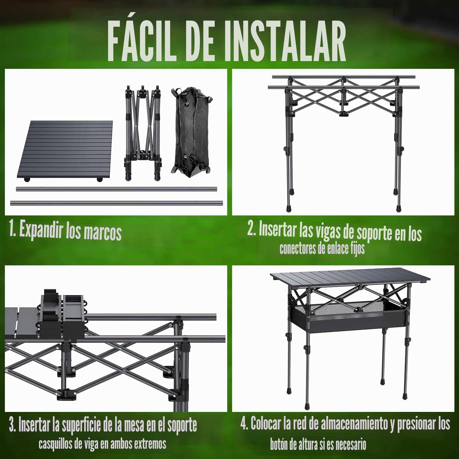GARLLEN Mesa de Camping Plegable, 2 mesas de Picnic enrollables de Altura Ajustable con Red de Almacenamiento, Mesa de Aluminio Ligero para Exteriores con Bolsa de Transporte para Camping, Barbacoa