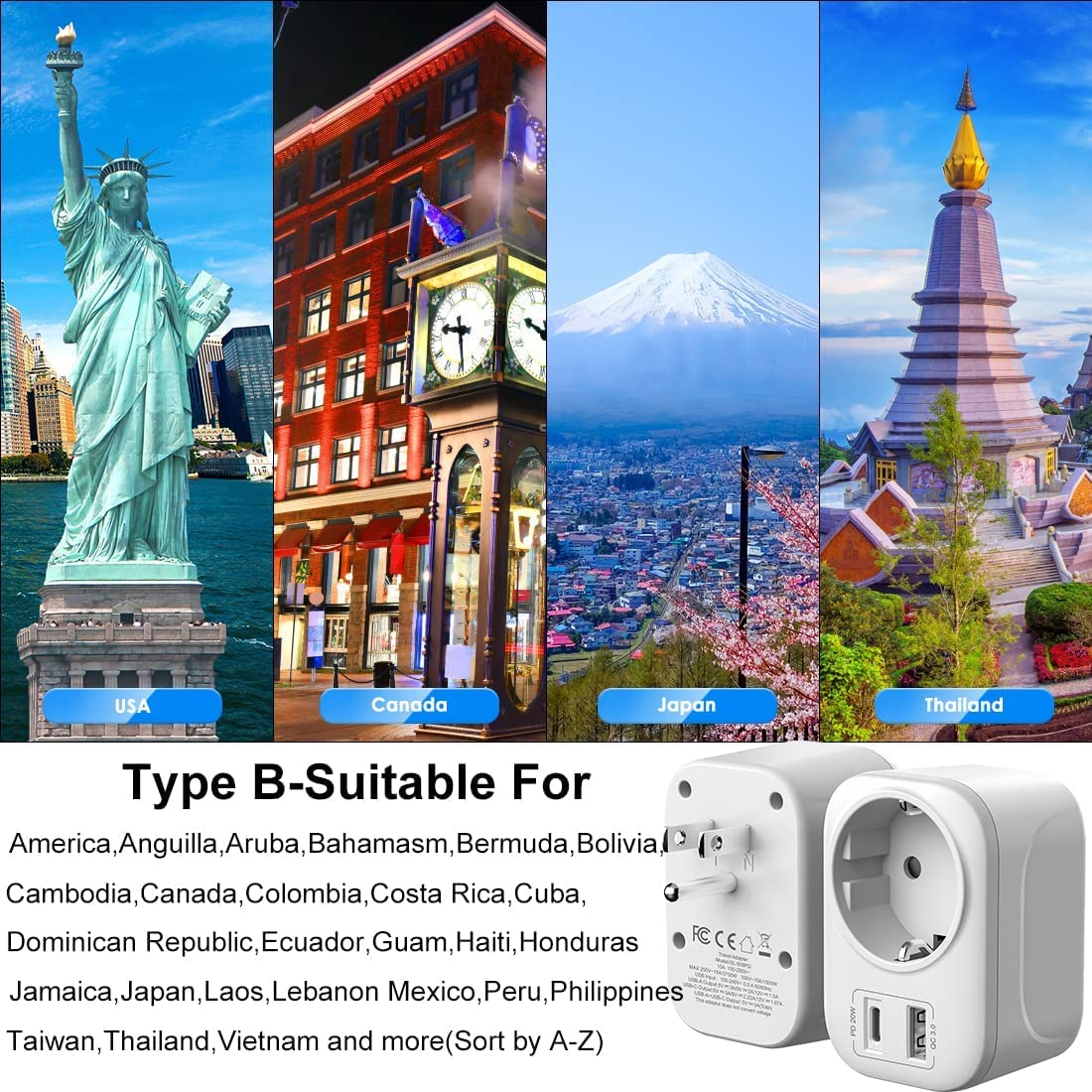 Superpow Adattatore Presa da Viaggio, Adattatore Spina Americana, Presa AC Internazionale Adattatore Universale da Viaggio con 1 USB e 1 Type-C, Adattatore per USA Canada Messico Thailandia, tipo B