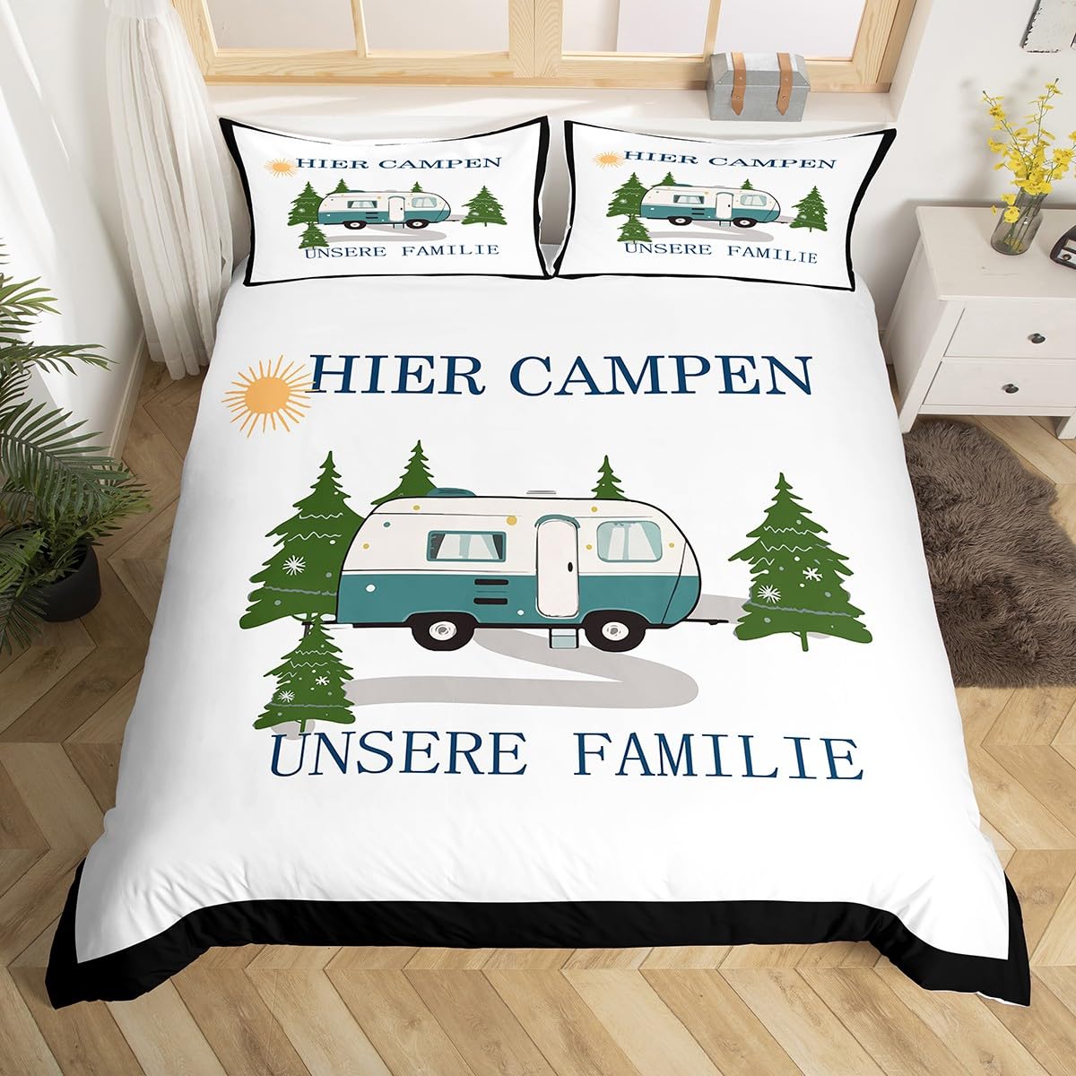 Loussiesd Happy Camping Bettwäsche Set 135x200cm Camper Betten für Kinder Mädchen Jungs Atmungsaktiv Bettbezug mit Reißverschluss RV Camping Bettwäsche-Set Camper Zubehör für Reiseanhänger