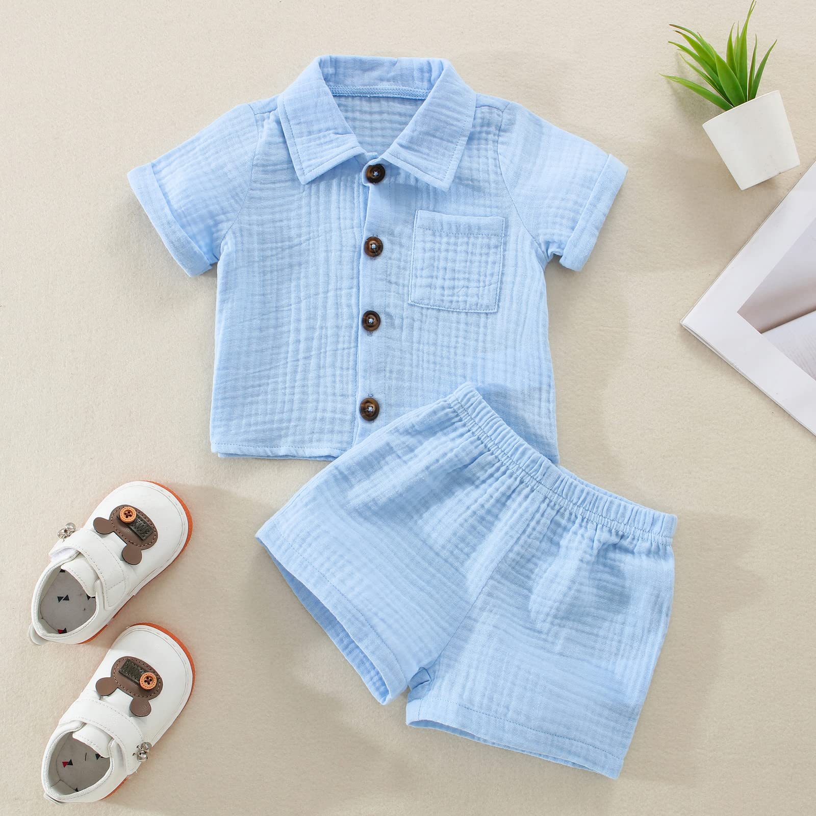 Carolilly Ensemble Eté Enfant Bébé Garçon de 2 Pièces, Chemise Boutonné Col à Revers à Manches Courtes en Coton+ Shorts Assorti (0-3 ans)