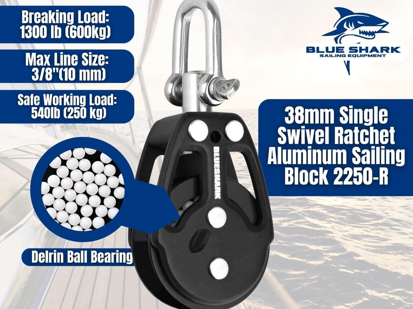Blue Shark 2250-R - 38mm Single Swivel Ratchet Aluminum Sailing Block - Max Line: 3/8” (10 mm), Safe Working Load (SWL): 540 lbs, Breaking Load: 1300 lbs (1-Pack)