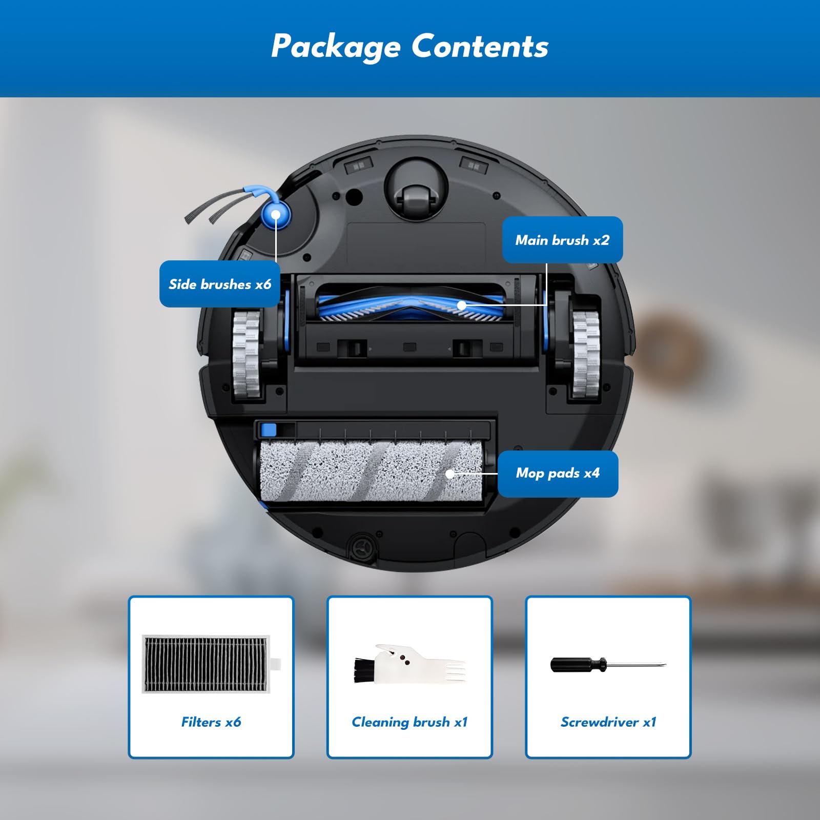 20 sztuk akcesoriów dla ECOVACS Deebot X11 Pro Omni / X11 OmniCyclone robota odkurzającego:2 główne szczotki, 6 szczotek bocznych, 6 filtrów, 4 rolki myjące, 1 szczotka czyszcząca, 1 śrubokręt