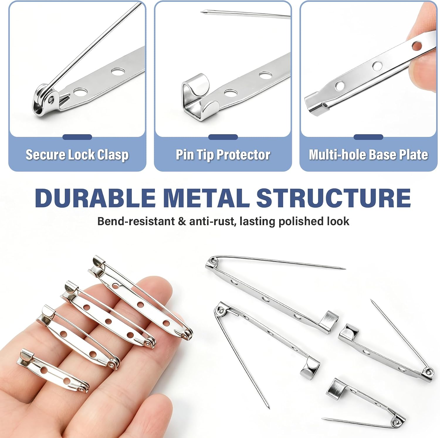 200 Pcs Brooch Pin Backs with Locking Safety Clasp, 4 Assorted Sizes 0.98"/1.26"/1.50"/1.73" (25/32/38/44mm), Silver Bar Pins for Jewelry Making, DIY Crafts, Name Tags, Badges and Lapel Pins