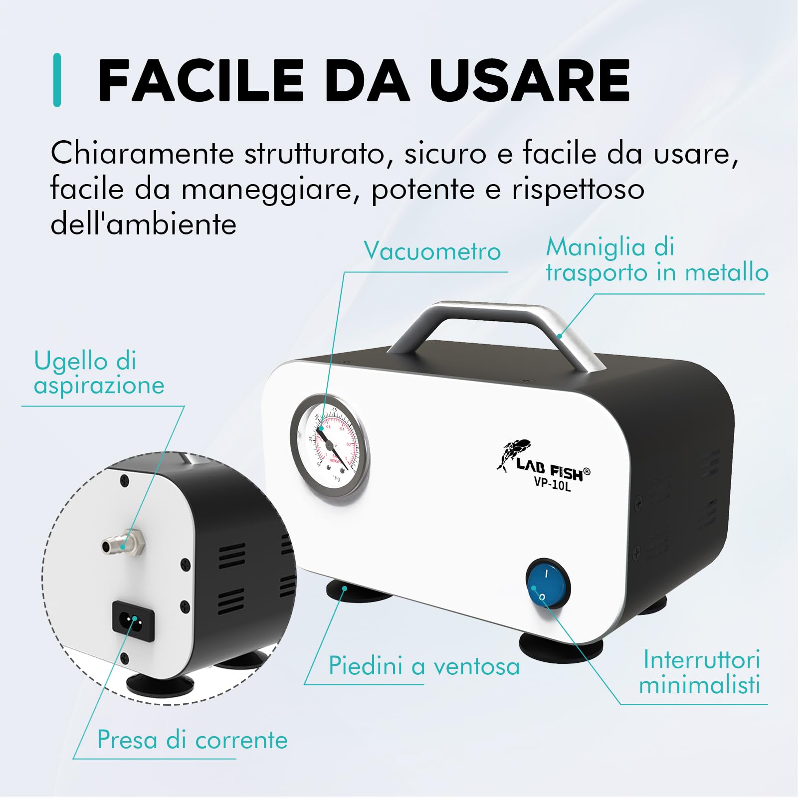 LAB FISH Pompa a Vuoto Portatile Senza Olio, Pompa a Membrana 10L/min 0,075Mpa per Laboratorio con Tubo di Gomma
