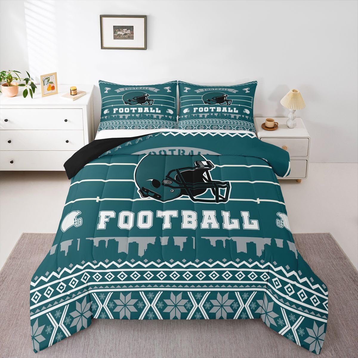Erosebridal Football City Full Size Comforter Sets for Kids Boys Girls,Rugby Sports Lover Bedding Set,Football Helmet Duvet Insert,Green White Quilt Bedroom Decor - Image 2