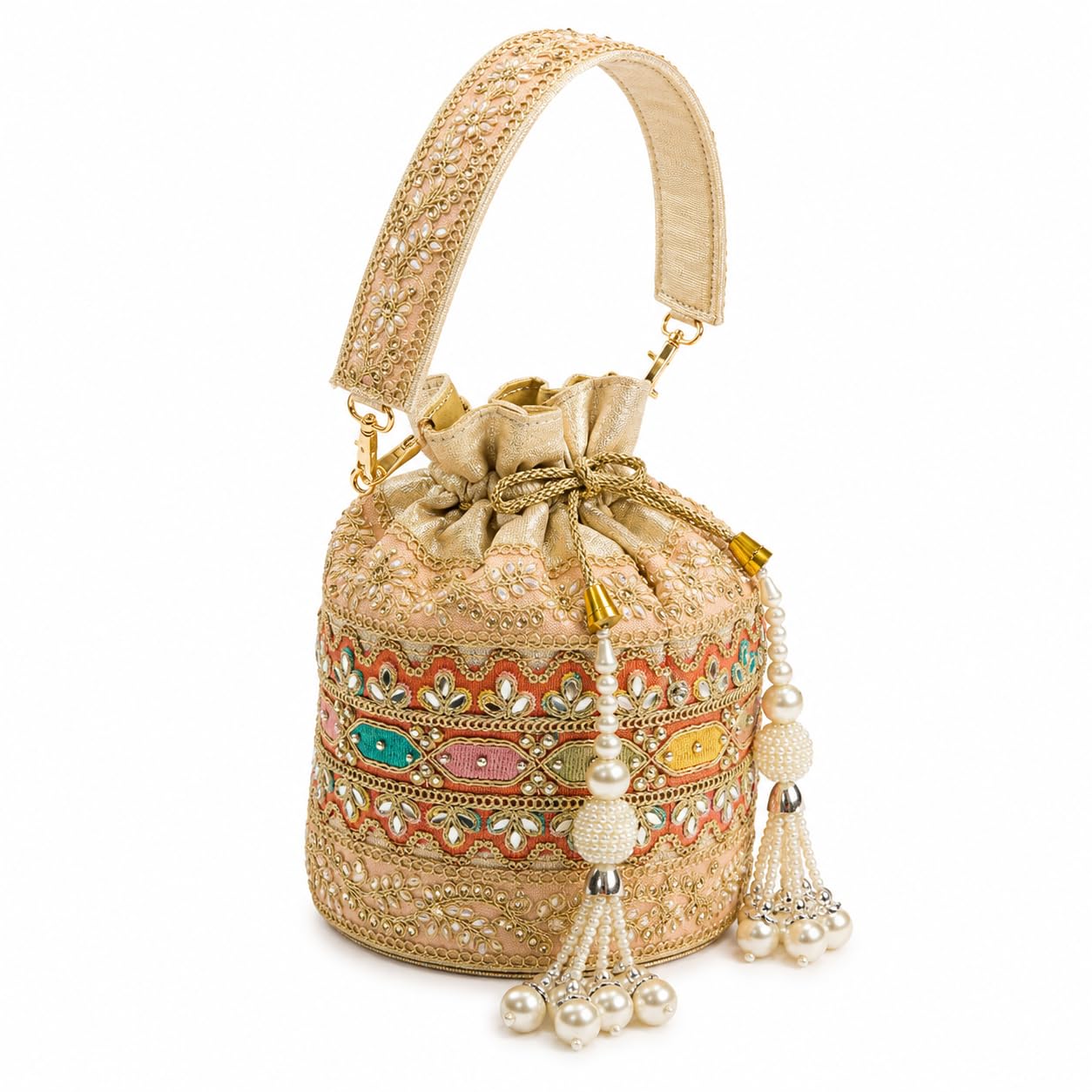 Multicolor Embroidered Potli Purse for Women with Pearl Tassels, Mirror Work, Drawstring Closure, Silk Potli Bags, Bridal Potli Purse, Batwa Bag, Indian Potli Handbag-image-23