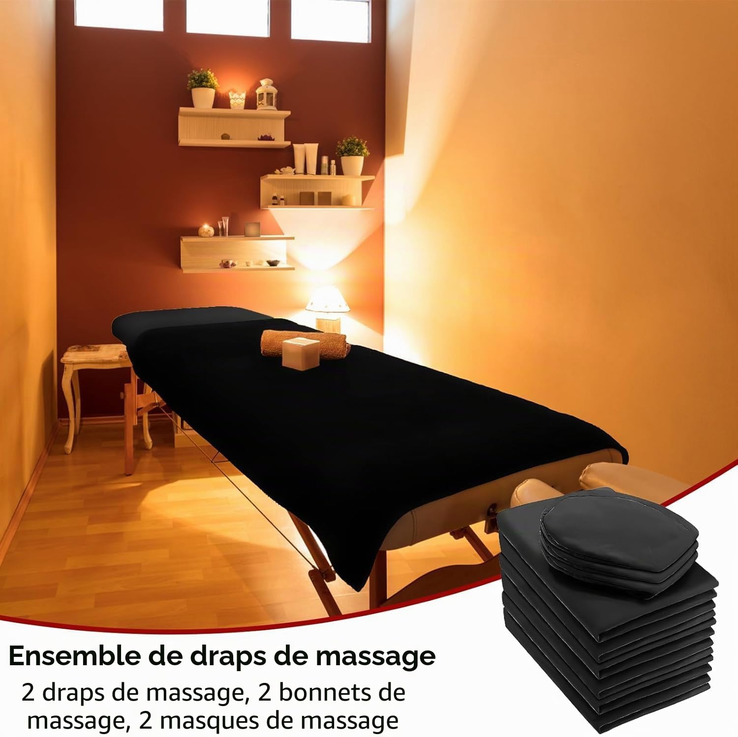 Parure de lit 6 pièces en microfibre de qualité supérieure pour tables de massage, avec drap, drap-housse et drap-housse pour table de massage, pour salon de beauté, spa (noir)