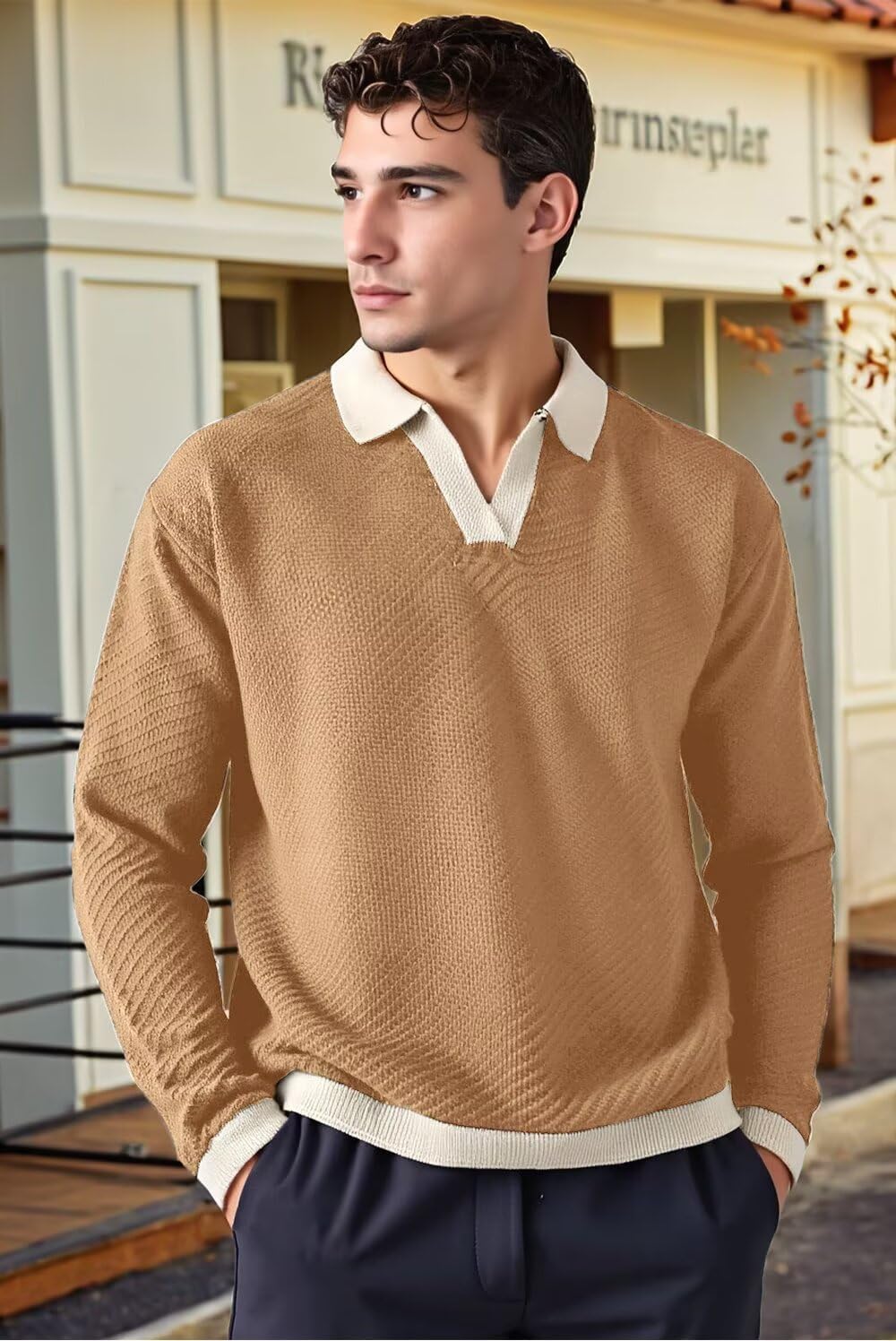 BAYAMO Mens Polo Sweater V Neck Long Sleeve Pullover Sweater Casual Knit Textured Sweater - Image 4