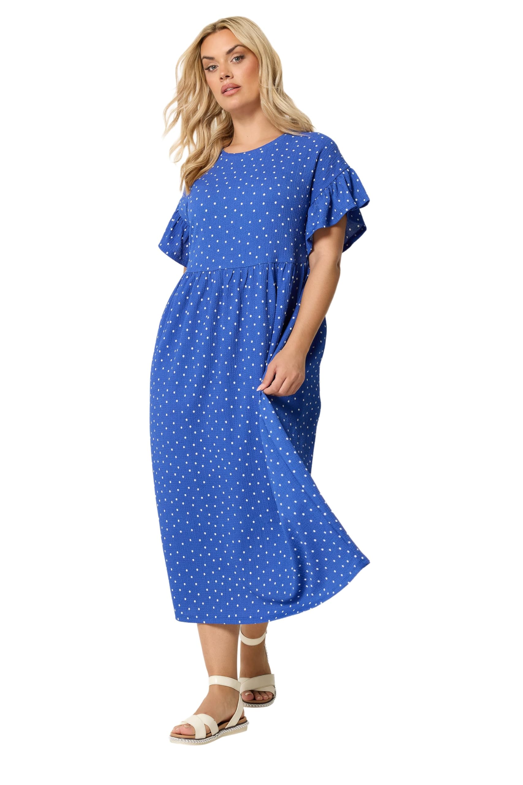 Yours Women's Cobalt Polka Dot Frill Sleeve Midi Dress In | Size: 22-24