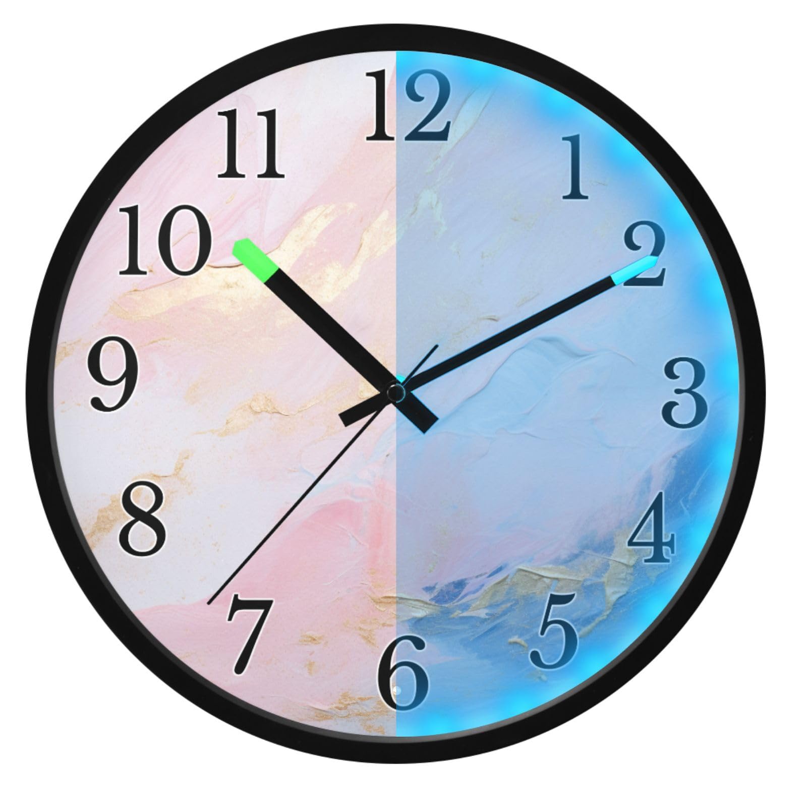 Mnsruu Reloj de pared luminoso con tinta de mármol rosa, reloj de pared que brilla en la oscuridad, funciona con pilas, reloj de luz nocturna silencioso sin tictac para dormitorio