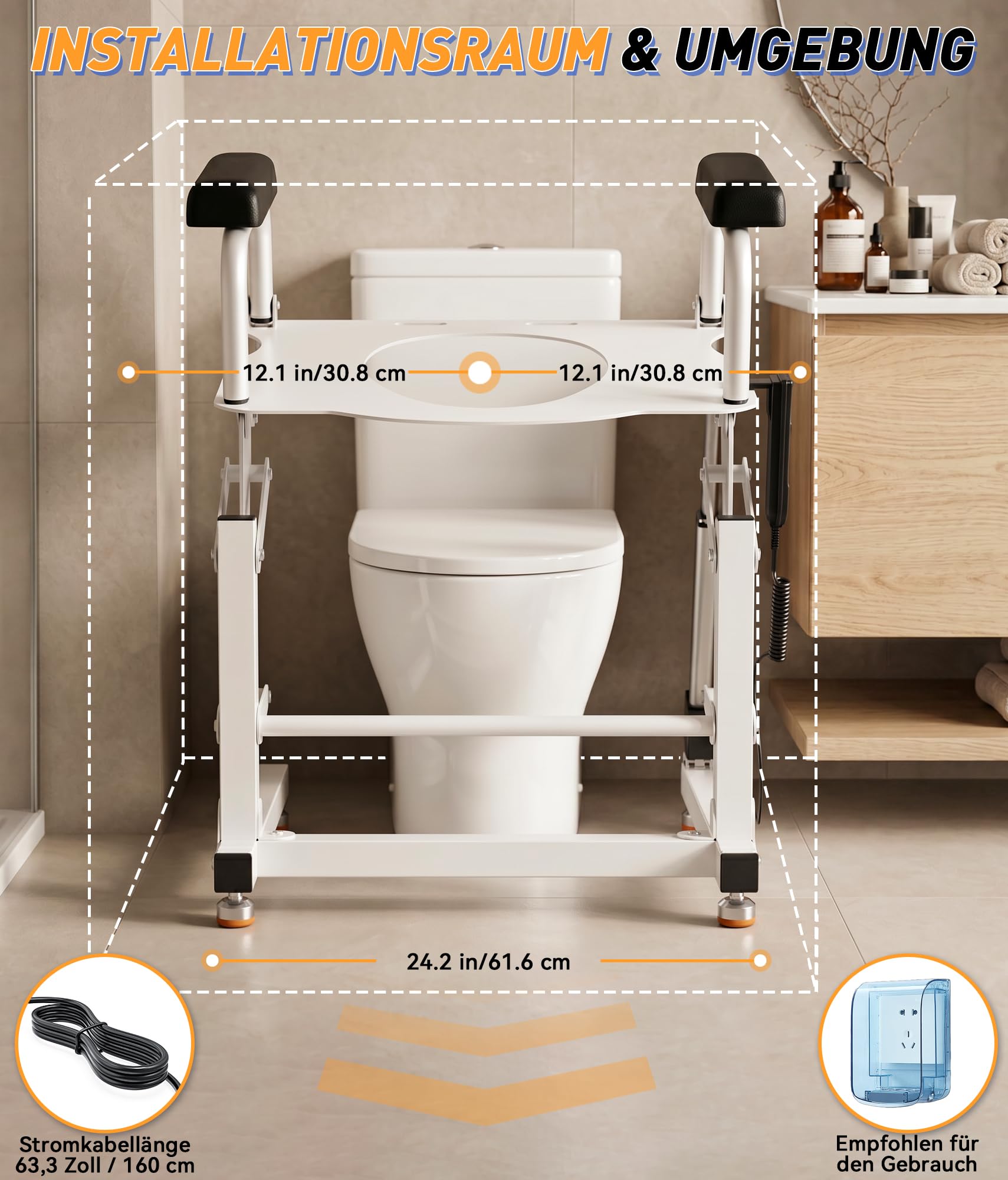 Rialzo per WC elettrico con supporto per alzarsi fino a 205 kg, regolabile in altezza di 22 cm, braccioli antiscivolo, per anziani e persone con disabilità, adatto per WC rotondi e ovali