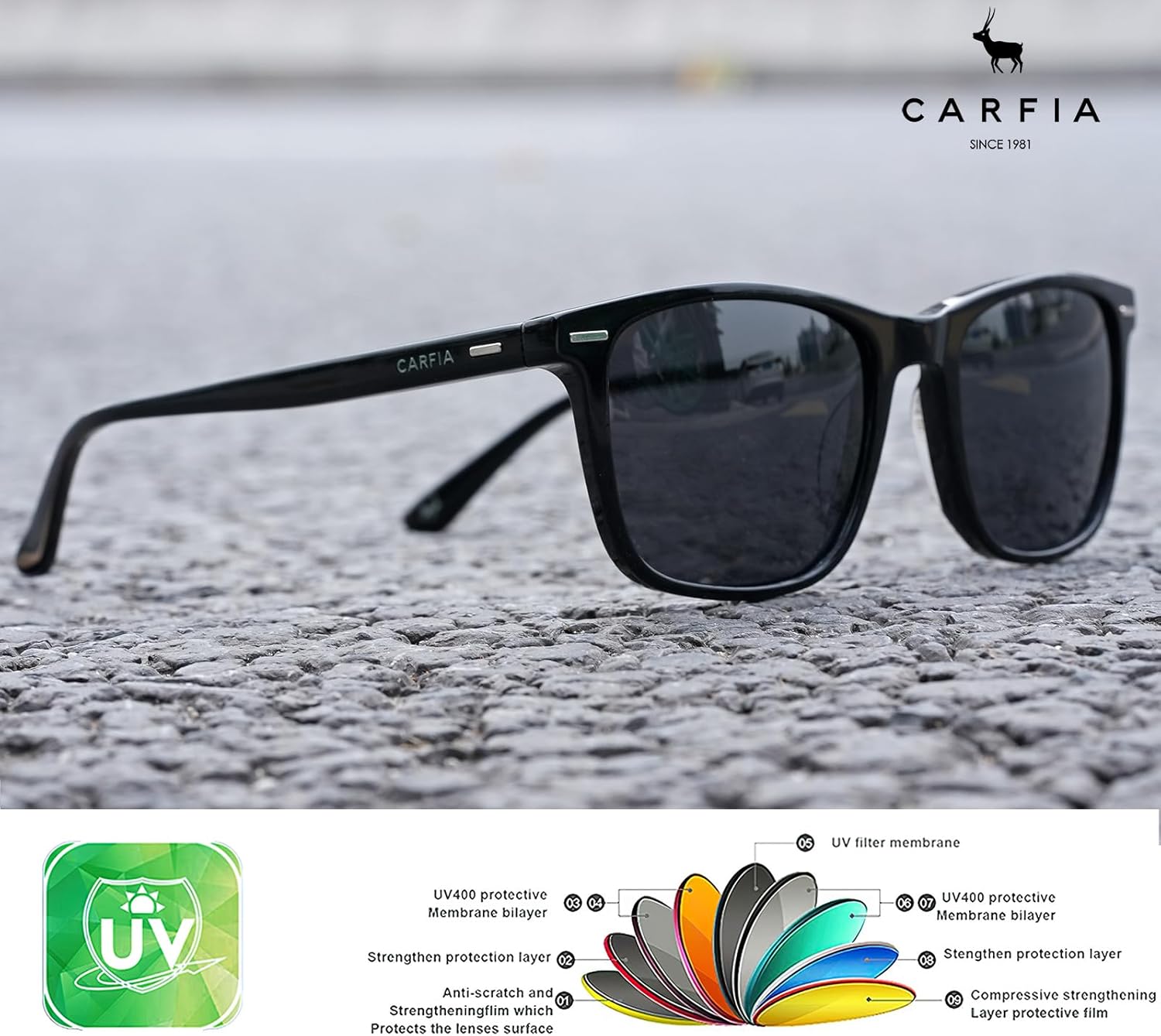 CARFIA Rectangle Polarized Sunglasses for Men UV400 Protection Narrow Face Lightweight Acetate Driving Glasses - Image 7