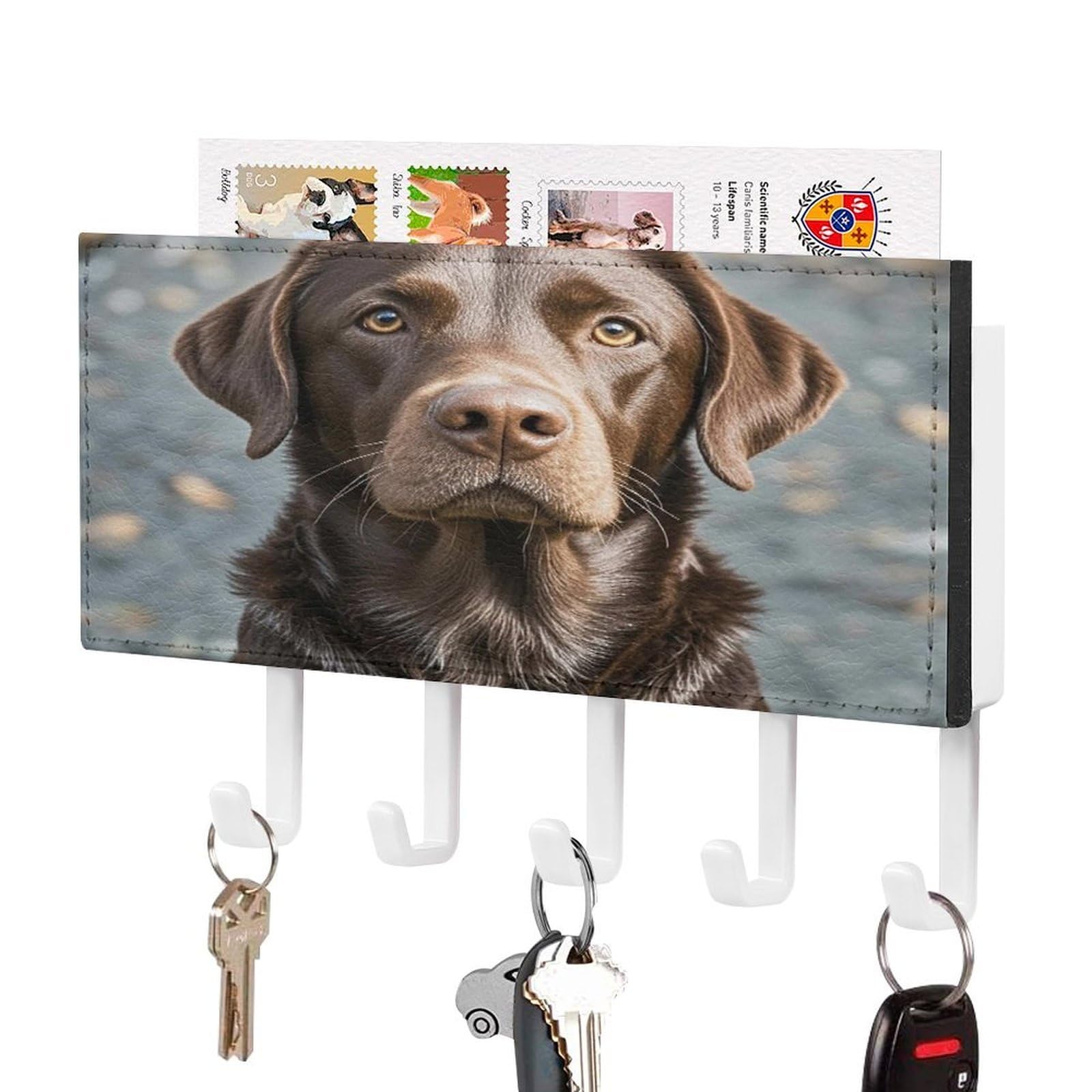 Fekiloot White-Style Brown Labrador Retriever Key Holder Wall Mount Key Hanger With 5 Hooks Decorative Key Rack Hanging Key Hooks With Mail Organizer Key Holder For Wall Living Room Kitchen Bathroom Hallway White