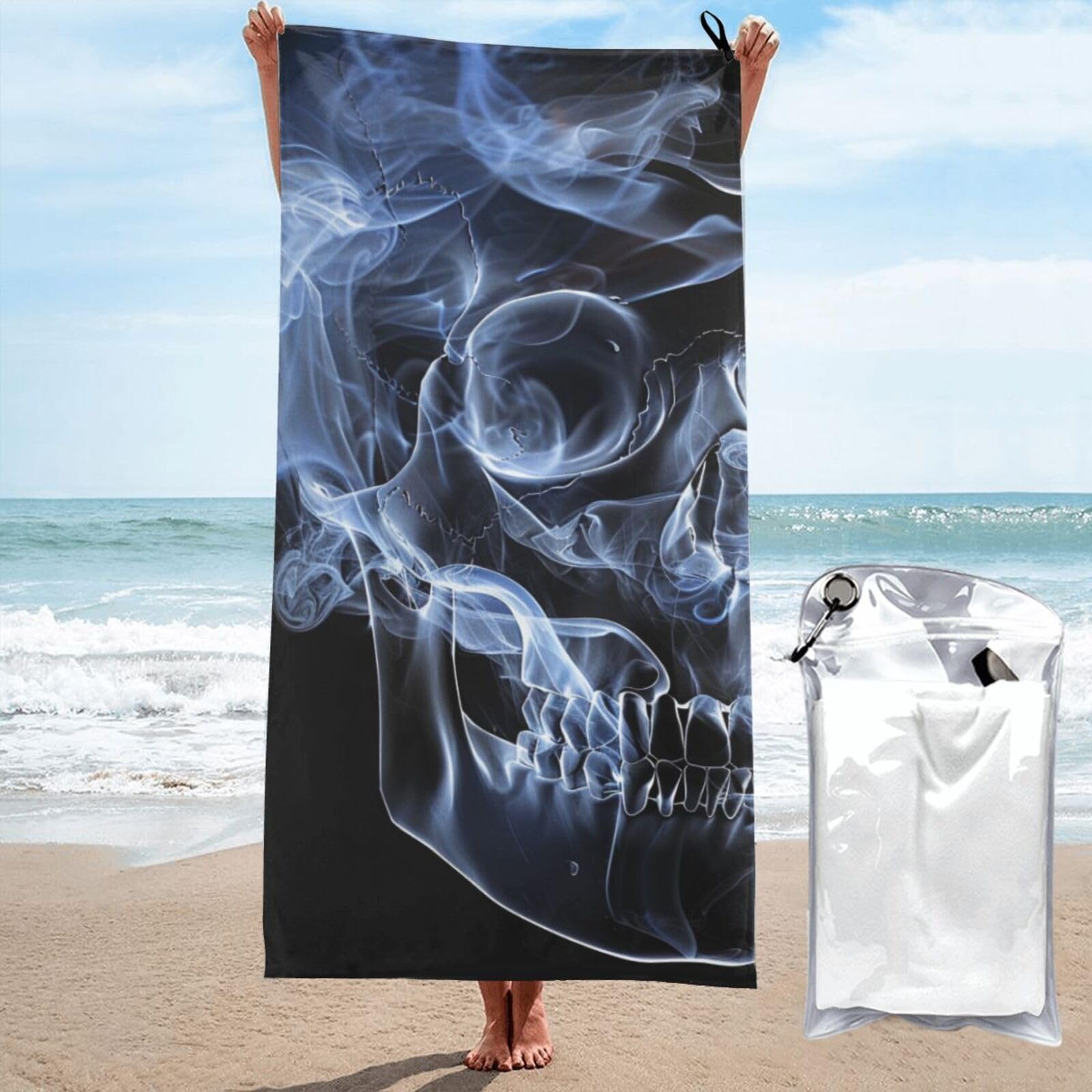 kkvhhyuo Microfiber Beach Towel, Skull Printed Lightweight Quick Dry Travel Bath Sheet with Compact Carry Bag for Swimming Yoga Camping Gym,31.5"x63"