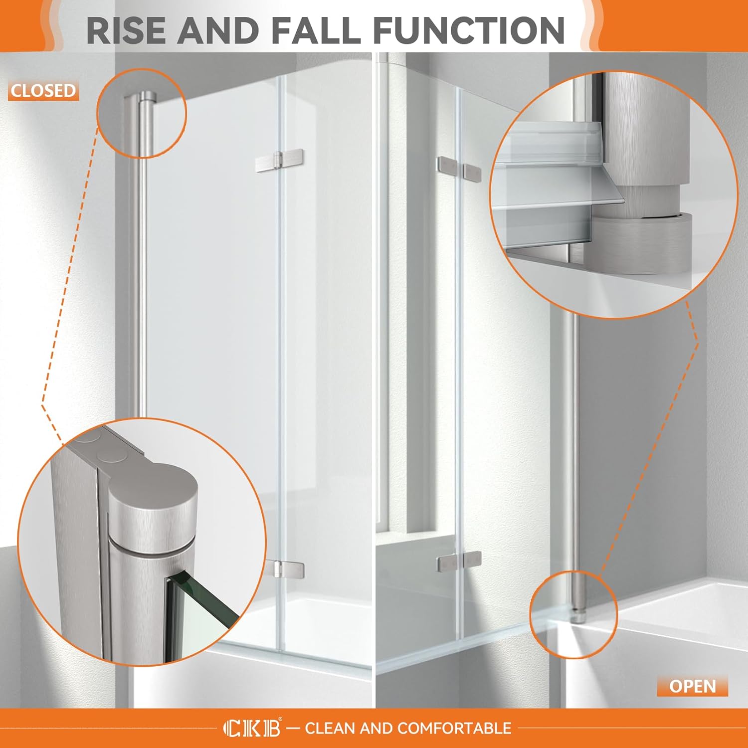 Close-up of the shower door's rise and fall hinge mechanism.