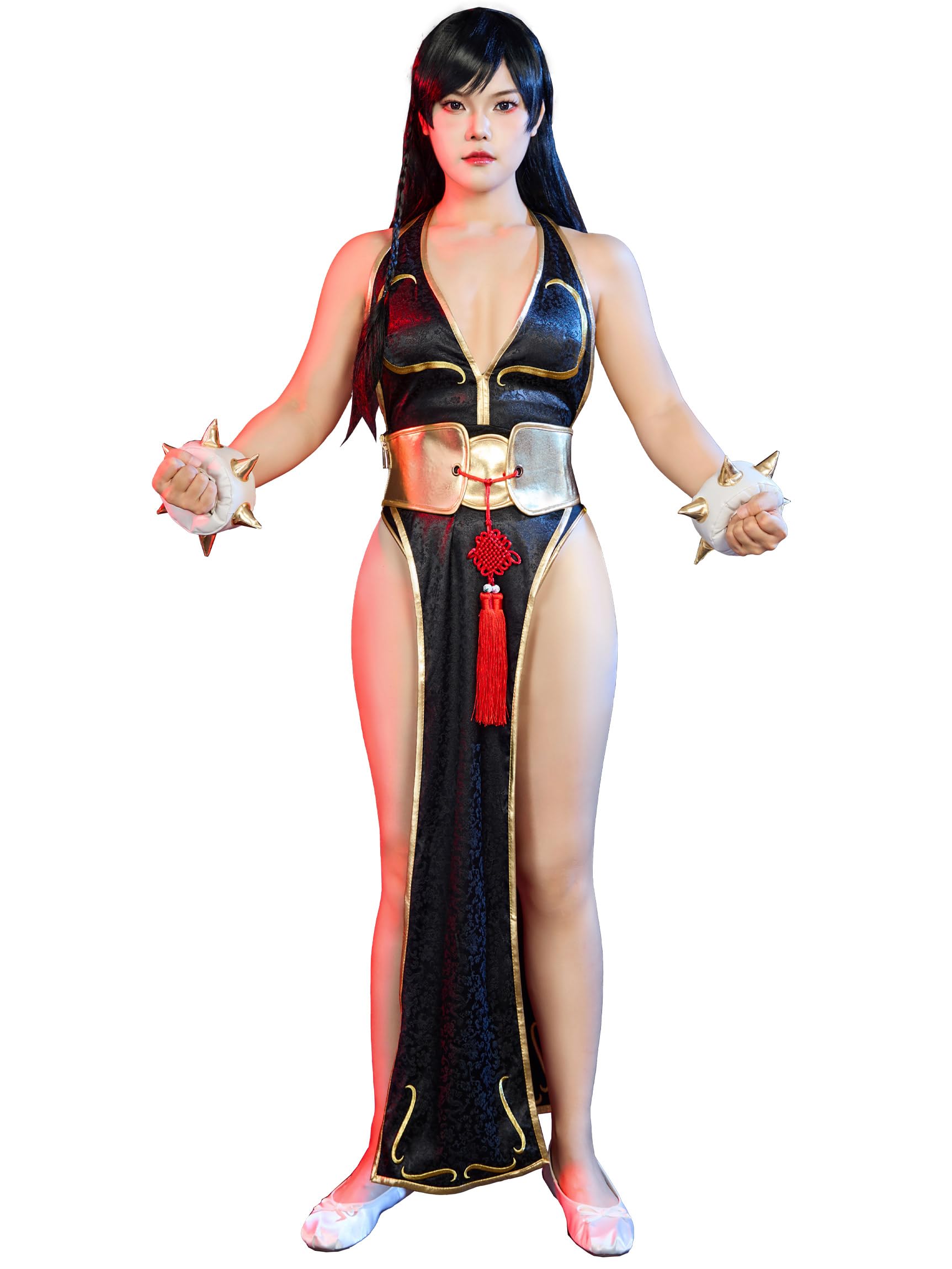 Micotaku Street Fighter Officially Licensed Women's Classic Chun-Li Black Cosplay Costume Side-slit Cheongsam