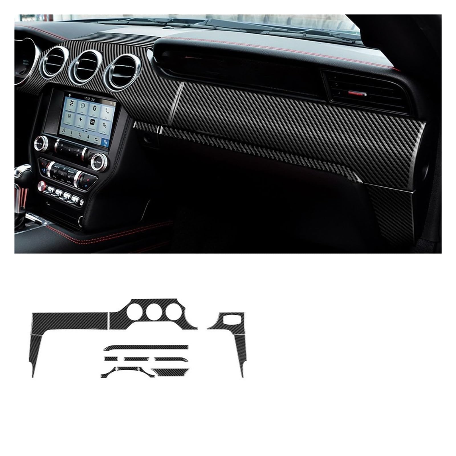 for Mustang 2015 2016 2017 2018 2019 2020 2021 2022 Carbon Fiber Car Dashboard Panel Interior Trim Sticker RHD LHD Car Trim Interior(3 Holes RHD)