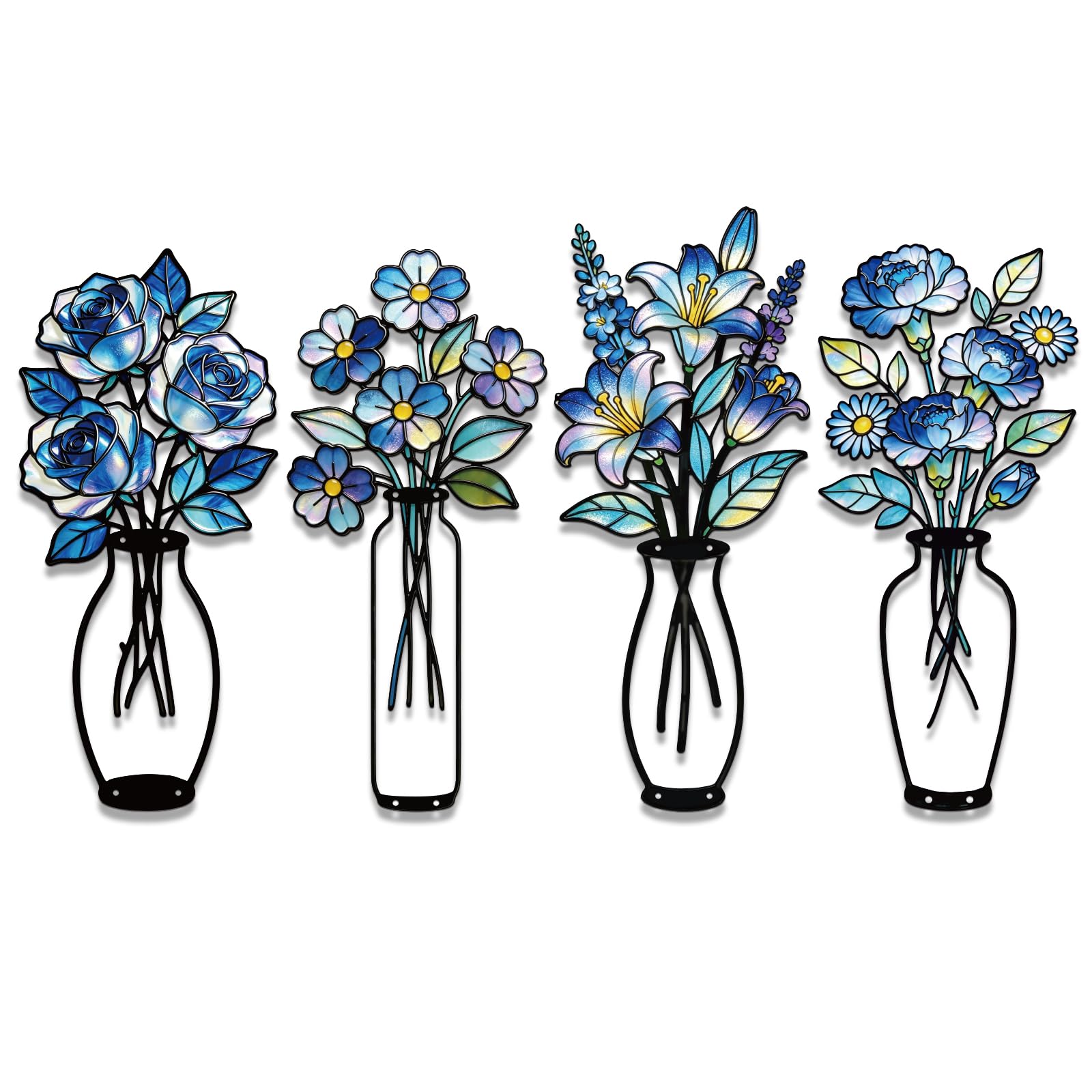 twinklemon 4 Pcs Blue Metal Flowers Wall Arts, Farmhouse Floral Wall Decor
