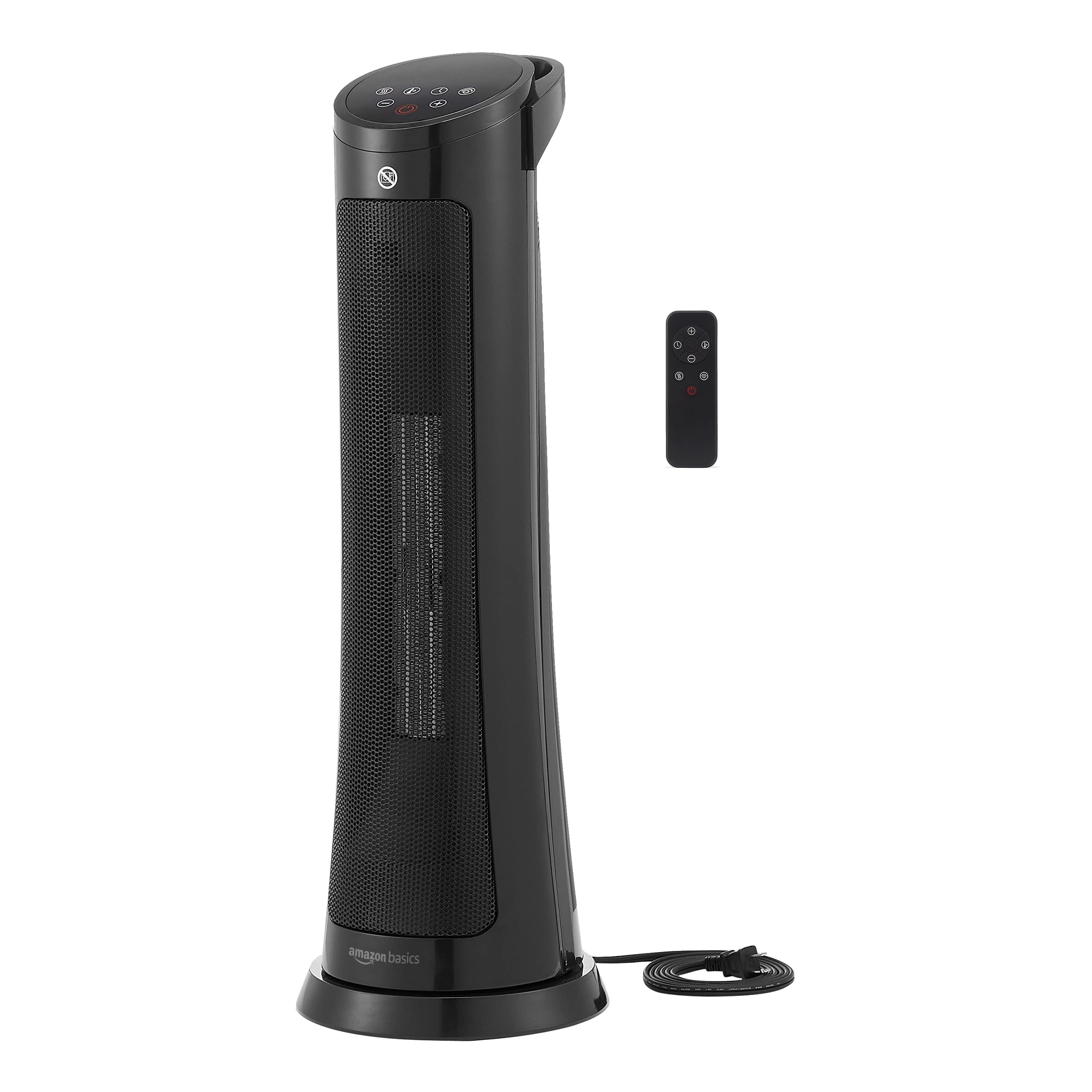 Amazon Basics 28-Inch Oscillating Tower Heater, With Over-Heat and Tip-Over Protection, 2 Heat Settings and Fan Mode, Timer, Remote Control, LED Display, 1500W, Black, 9.4"D x 9.4"W x 28.6"H