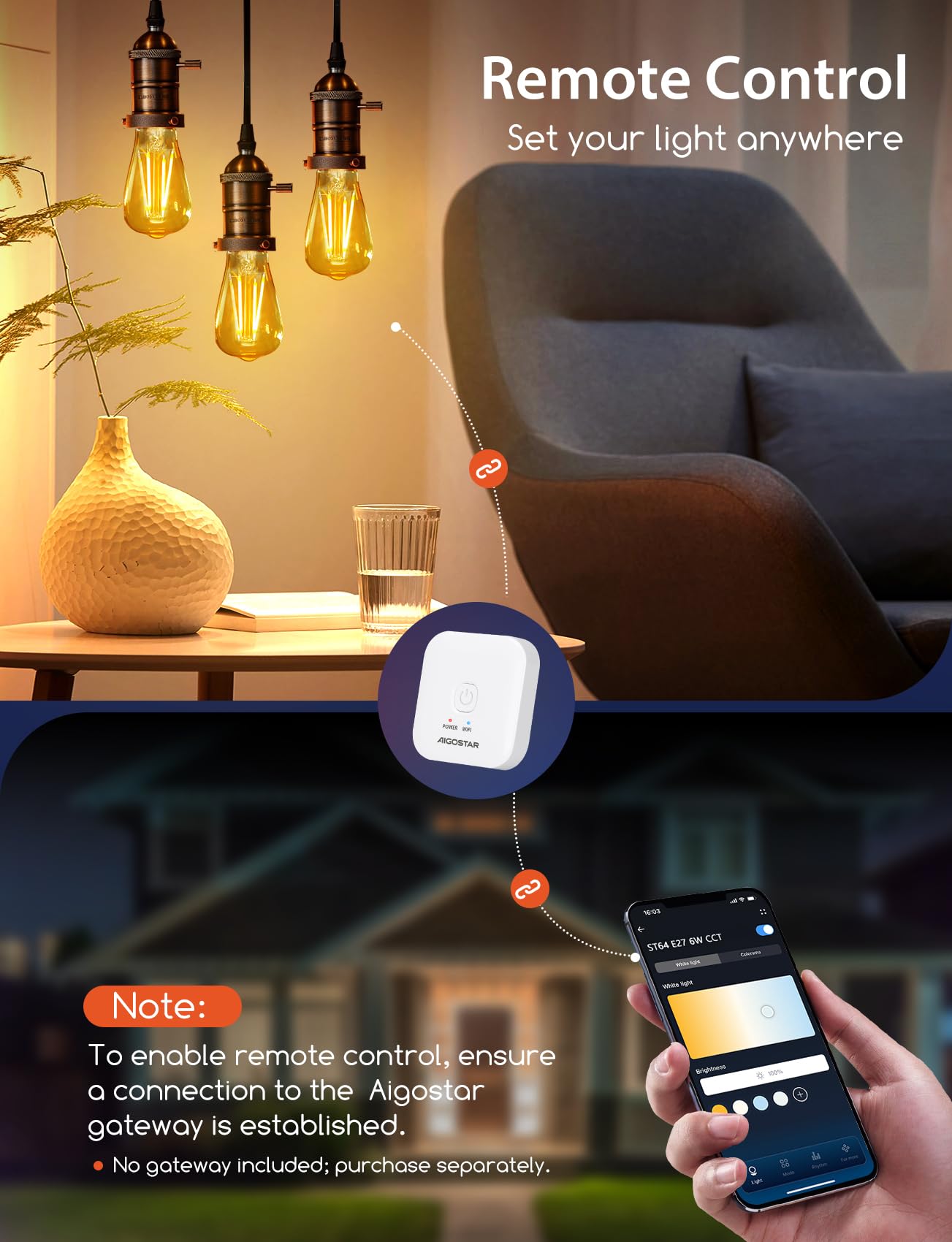 Aigostar Mesh - Smarte Glühbirne Alexa E27 Bluetooth Mesh ST64, Lampe Vintage Edison Lampe 6W 806LM 2700K-6500K Dimmbar Glühbirne, Kompatibel mit Alexa, 4 Stück(mit Fernbedienung und Gateway)