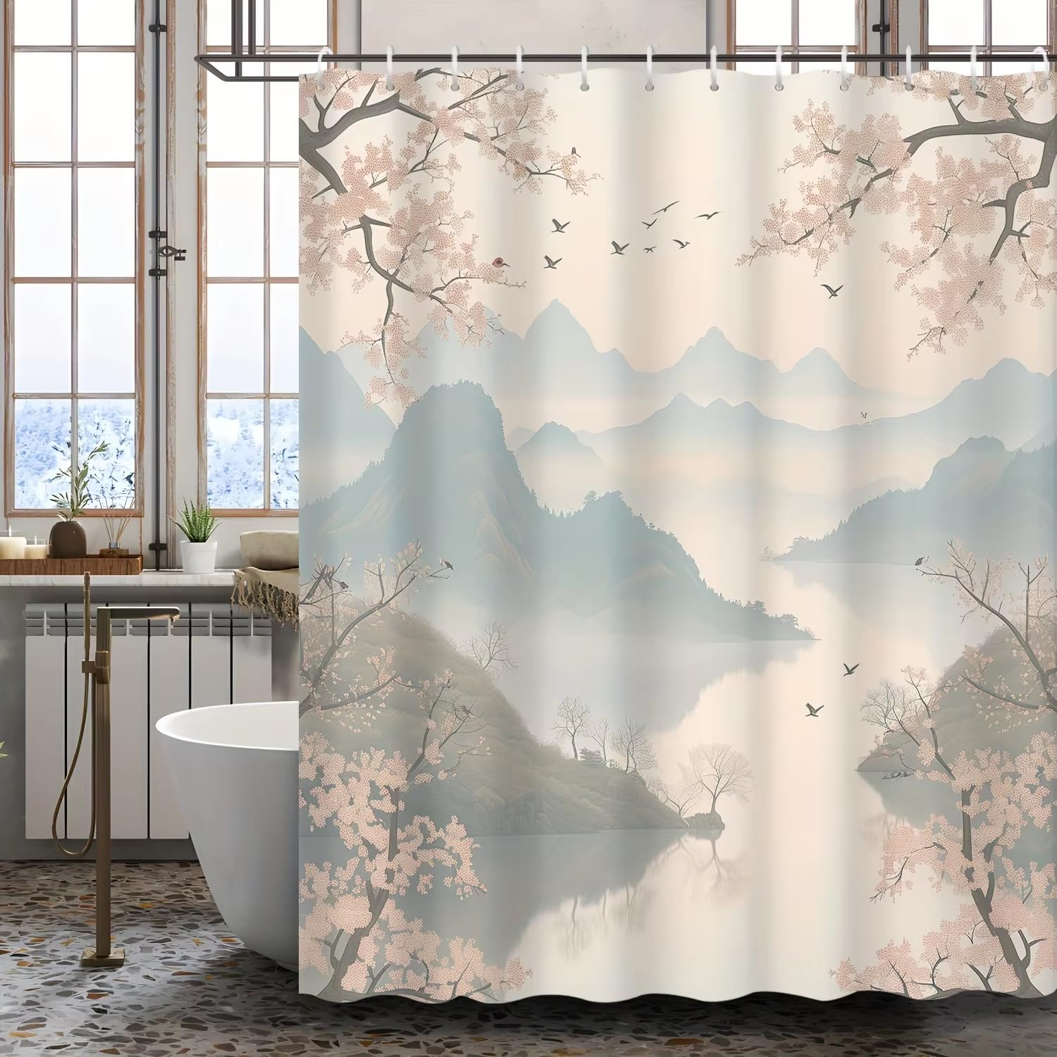 Rideau de douche fleurs de cerisier polyester imperméable 160x200 cm avec crochets pour salle de bain