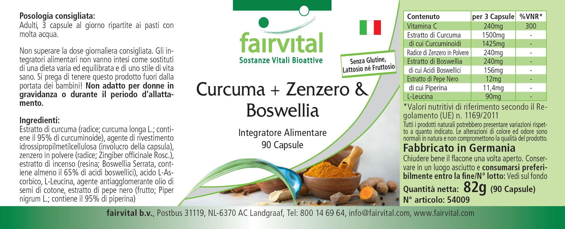 fairvital Curcuma, zenzero e boswellia con vitamina C, 90 capsule, vegane, con estratto di pepe nero