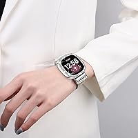 Vista 4 de Correa de reloj de cuero compatible con Fitbit Sense 2/Versa 4, hebilla de metal con diamantes de imitación para mujer Versa 3/Sense (plata/beige)