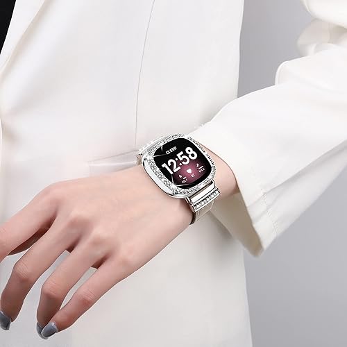 Miniatura 4 de Correa de reloj de cuero compatible con Fitbit Sense 2Versa 4, hebilla de metal con diamantes de imitación para mujer Versa 3Sense (platabeige)