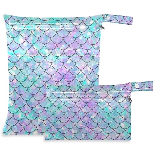 visesunny Bolsa húmeda de 2 piezas con bolsillos con cremallera, hermosa escama de sirena arcoíris, lavable, reutilizable, espaciosa para viajes,